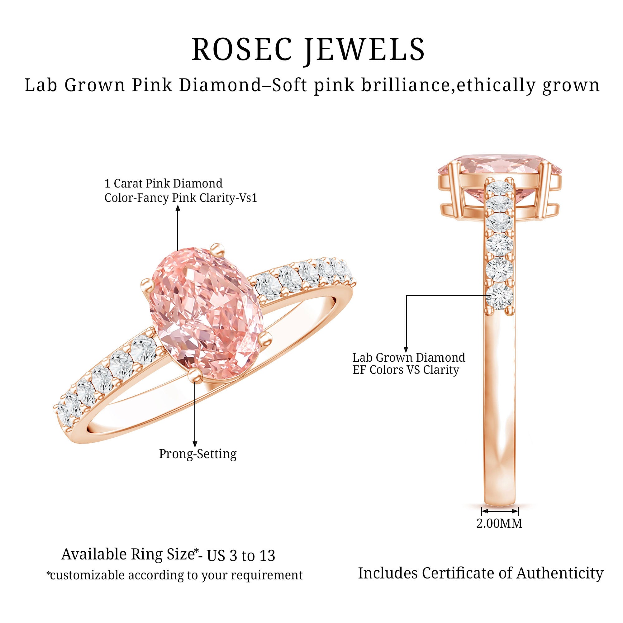 IGI Certified 1 Carat Lab Grown Pink Diamond Oval Engagement Ring for Women Fancy Pink - VS1 - Rosec Jewels