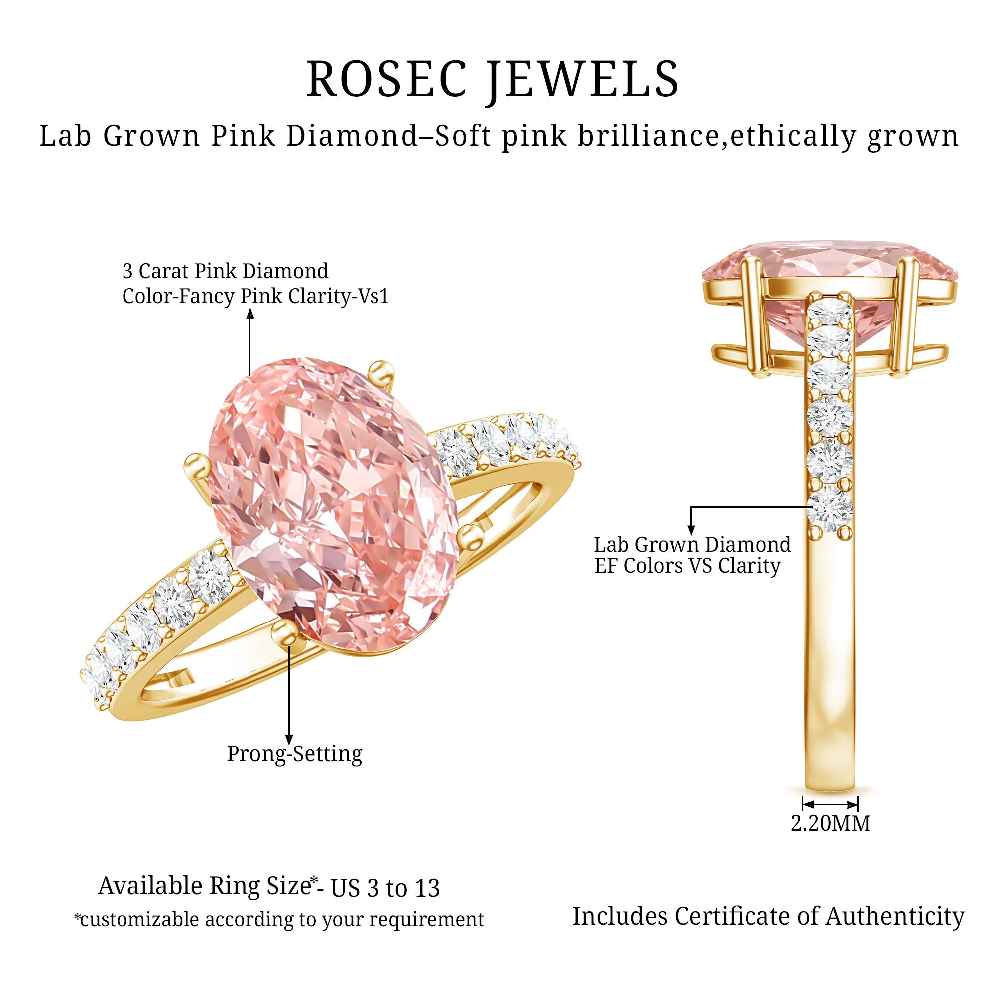 Rosec Jewels-3 Carat Lab Grown Pink Diamond Oval Solitaire Engagement Ring IGI Certified