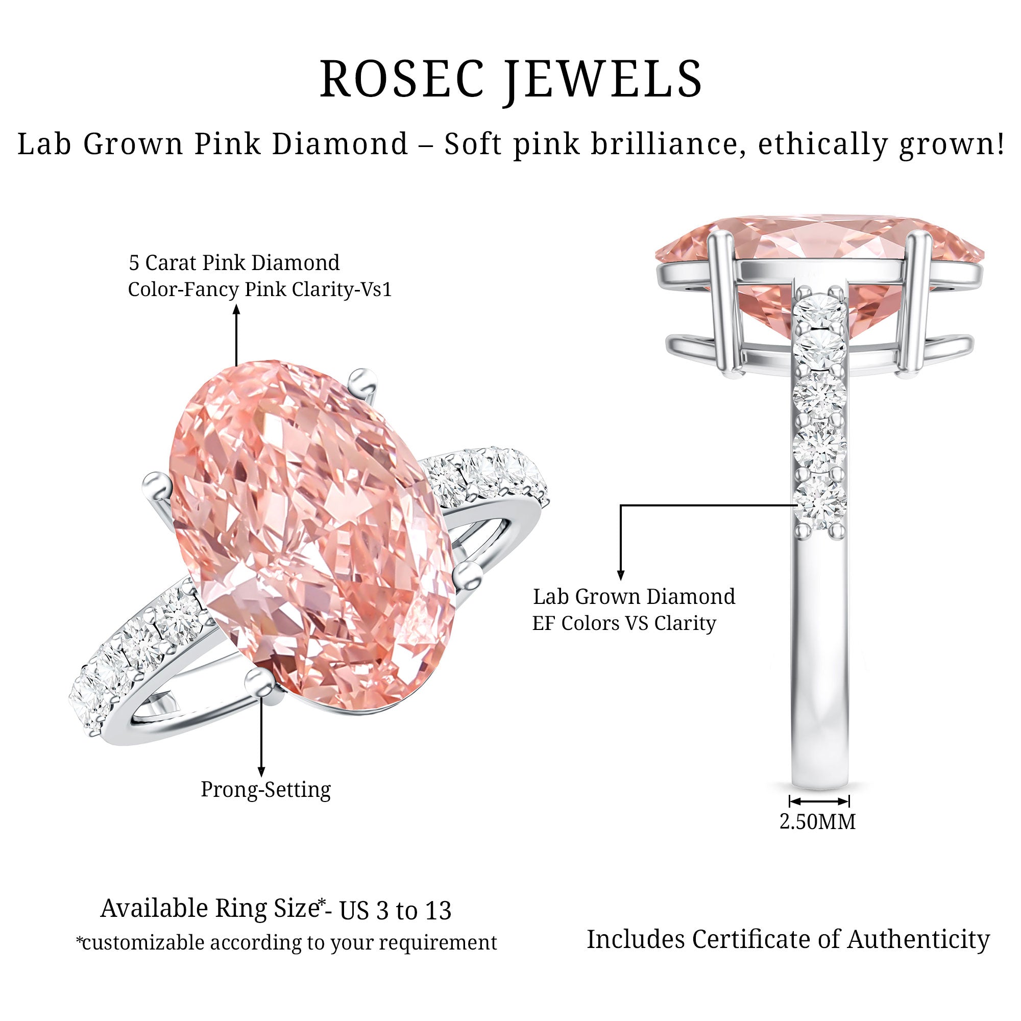 Rosec Jewels-Huge 5 Carat Lab Grown Pink Diamond Oval Engagement Ring IGI Certified