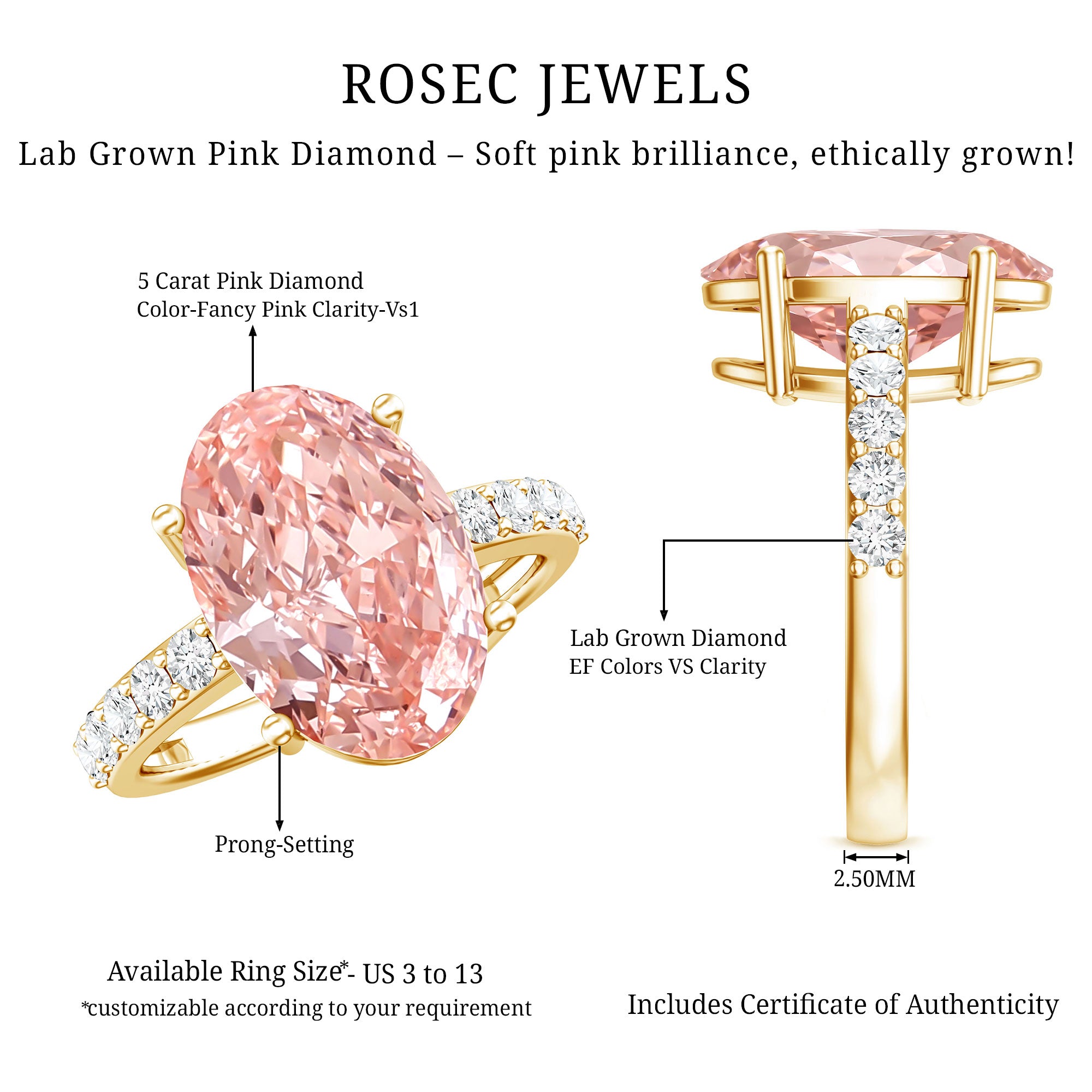 Rosec Jewels-Huge 5 Carat Lab Grown Pink Diamond Oval Engagement Ring IGI Certified