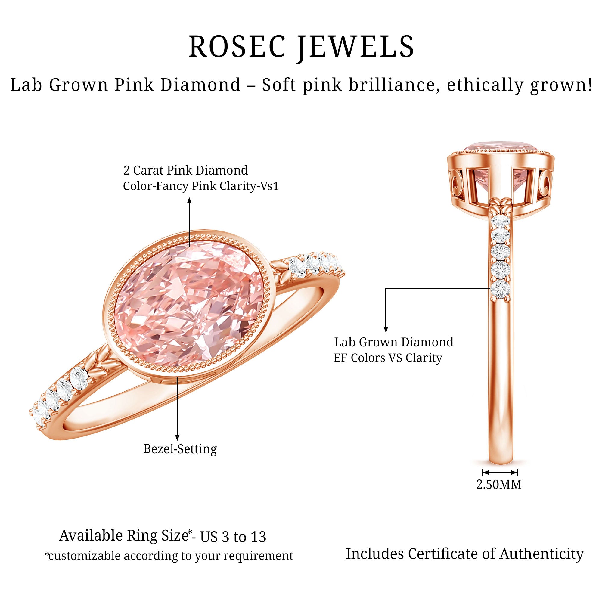 Rosec Jewels-Lab Grown 2 Carat Pink Diamond Oval East West Engagement Ring with IGI Certificate