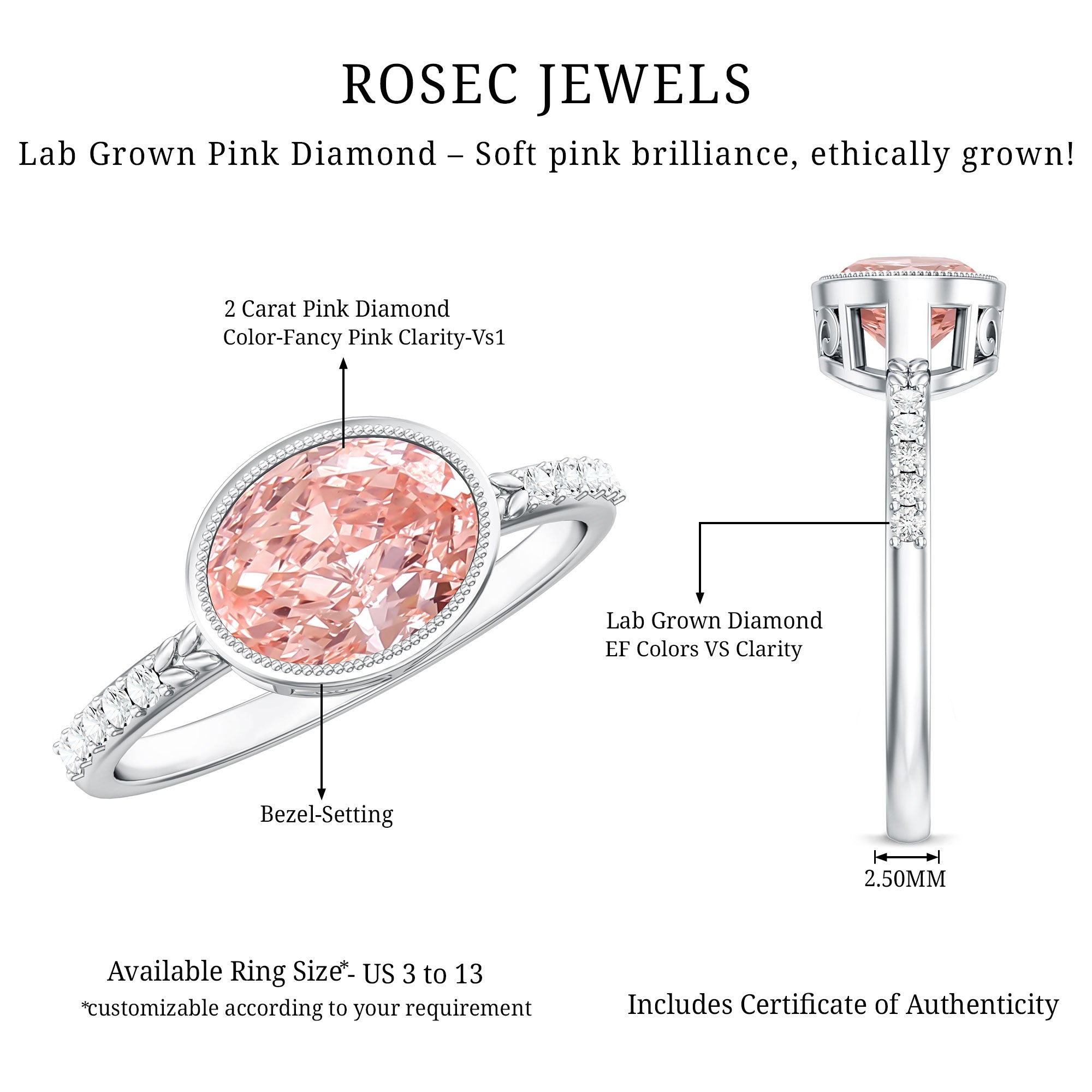 Rosec Jewels-Lab Grown 2 Carat Pink Diamond Oval East West Engagement Ring with IGI Certificate