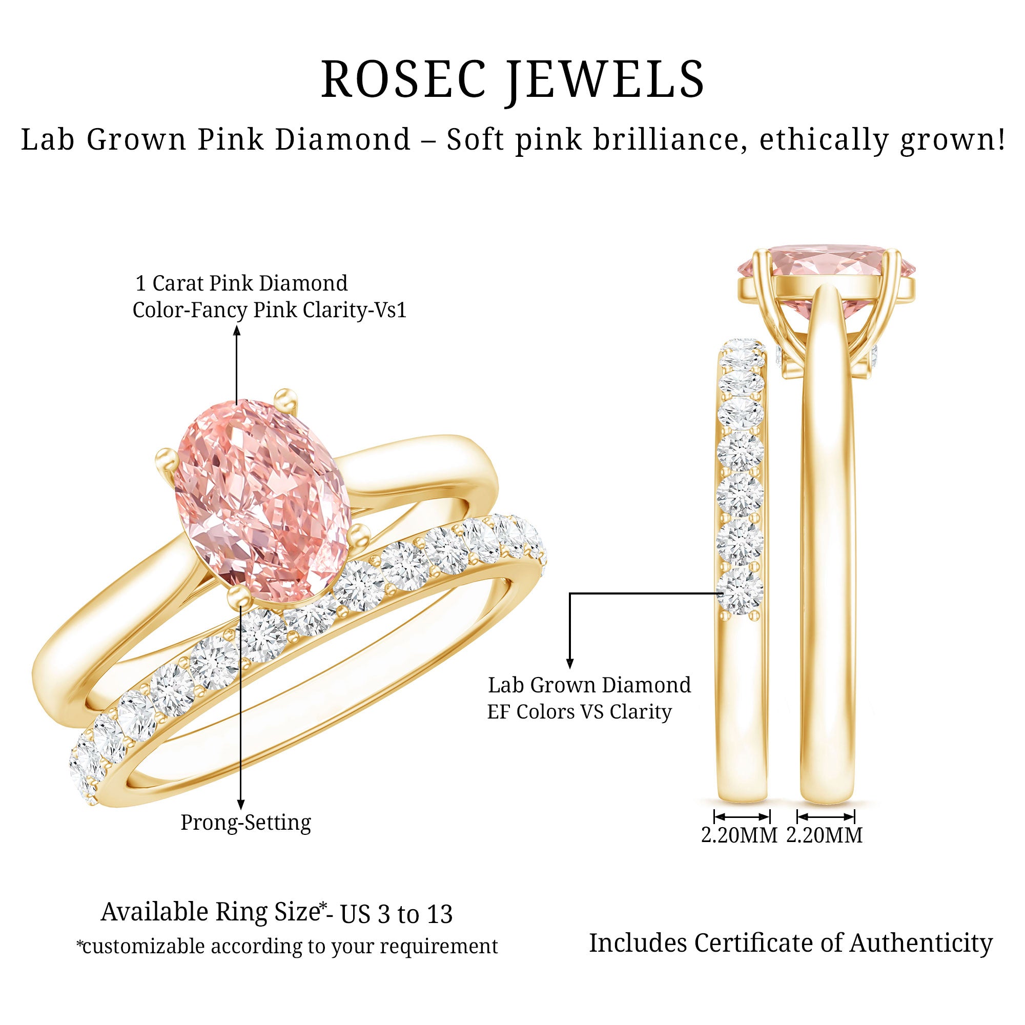Rosec Jewels-IGI Certified 1 Carat Oval Lab Grown Pink Diamond Engagement Ring with Enhancer