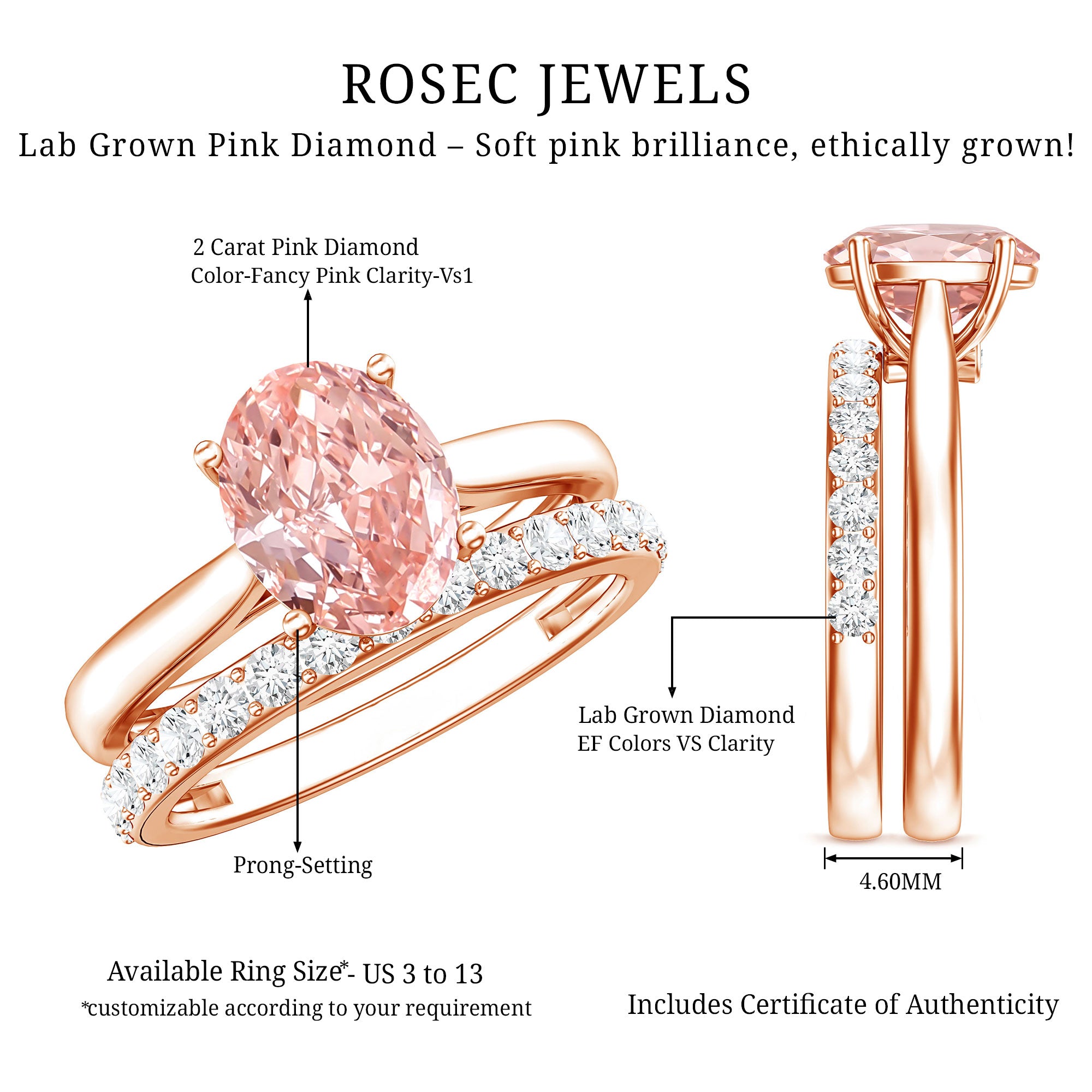 Rosec Jewels-2 Carat Solitaire Lab Grown Pink Diamond Oval Engagement Ring Set with IGI Certificate