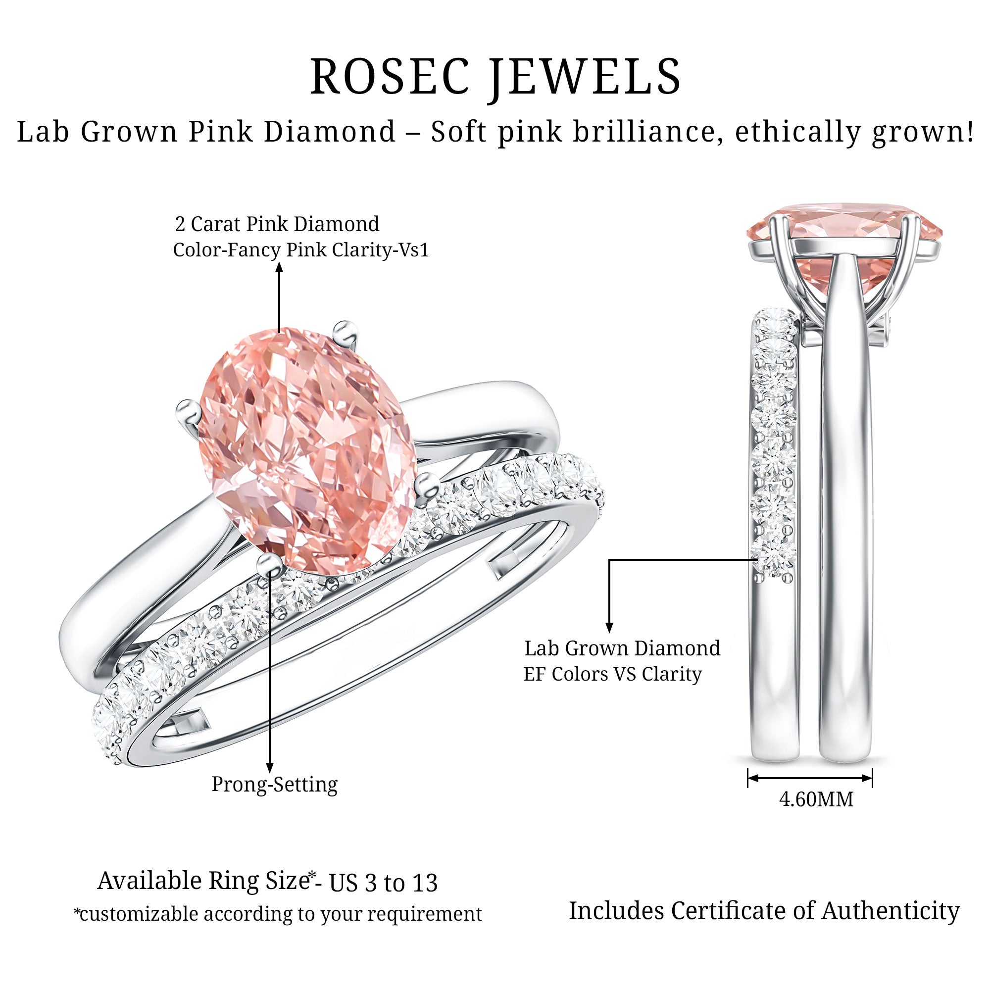 Rosec Jewels-2 Carat Solitaire Lab Grown Pink Diamond Oval Engagement Ring Set with IGI Certificate
