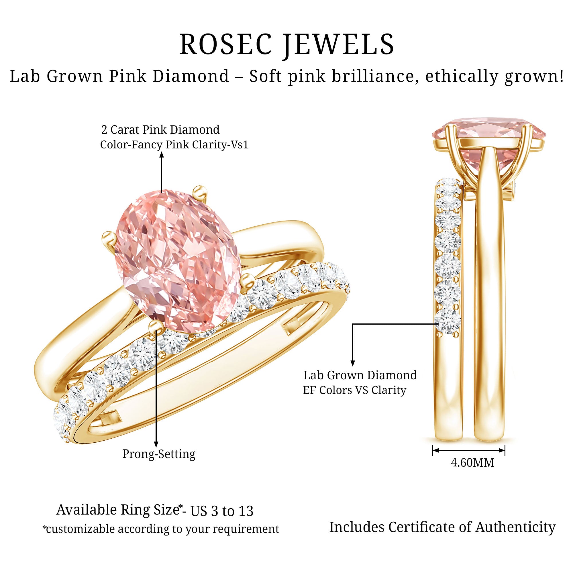 Rosec Jewels-2 Carat Solitaire Lab Grown Pink Diamond Oval Engagement Ring Set with IGI Certificate