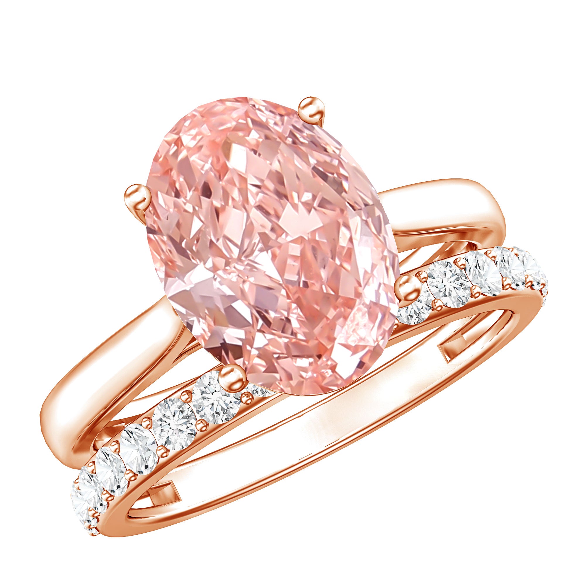 Rosec Jewels-Oval Shape Lab Grown 3 Carat Pink Diamond Solitaire Wedding Ring Set IGI Certified