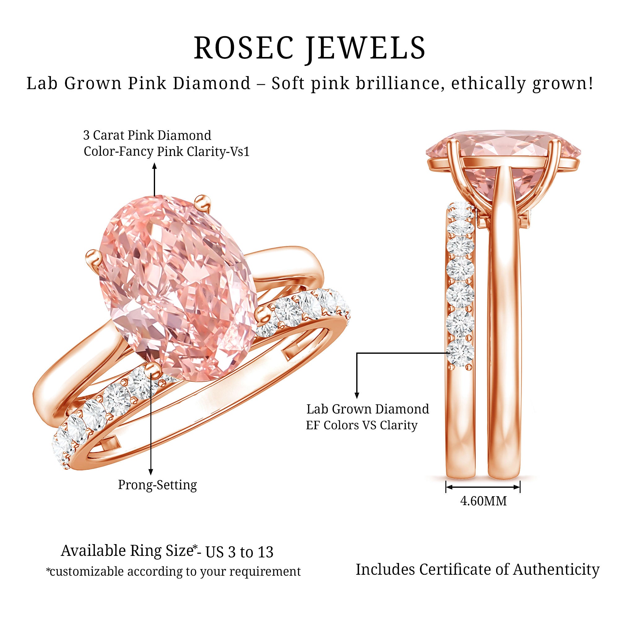 Rosec Jewels-Oval Shape Lab Grown 3 Carat Pink Diamond Solitaire Wedding Ring Set IGI Certified