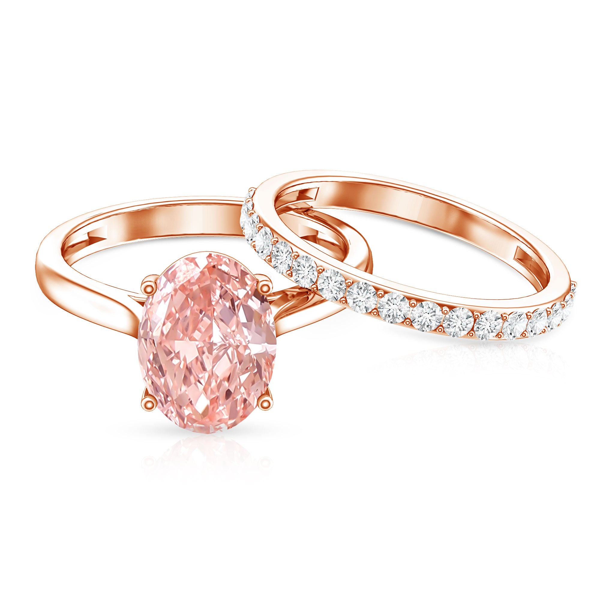 Rosec Jewels-Oval Shape Lab Grown 3 Carat Pink Diamond Solitaire Wedding Ring Set IGI Certified