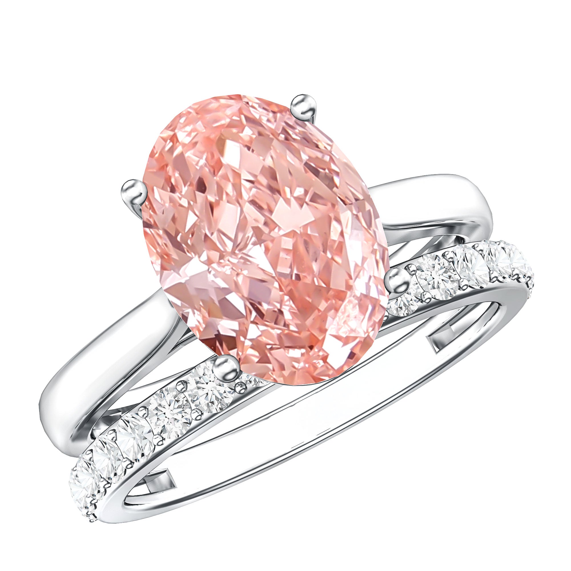 Rosec Jewels-Oval Shape Lab Grown 3 Carat Pink Diamond Solitaire Wedding Ring Set IGI Certified