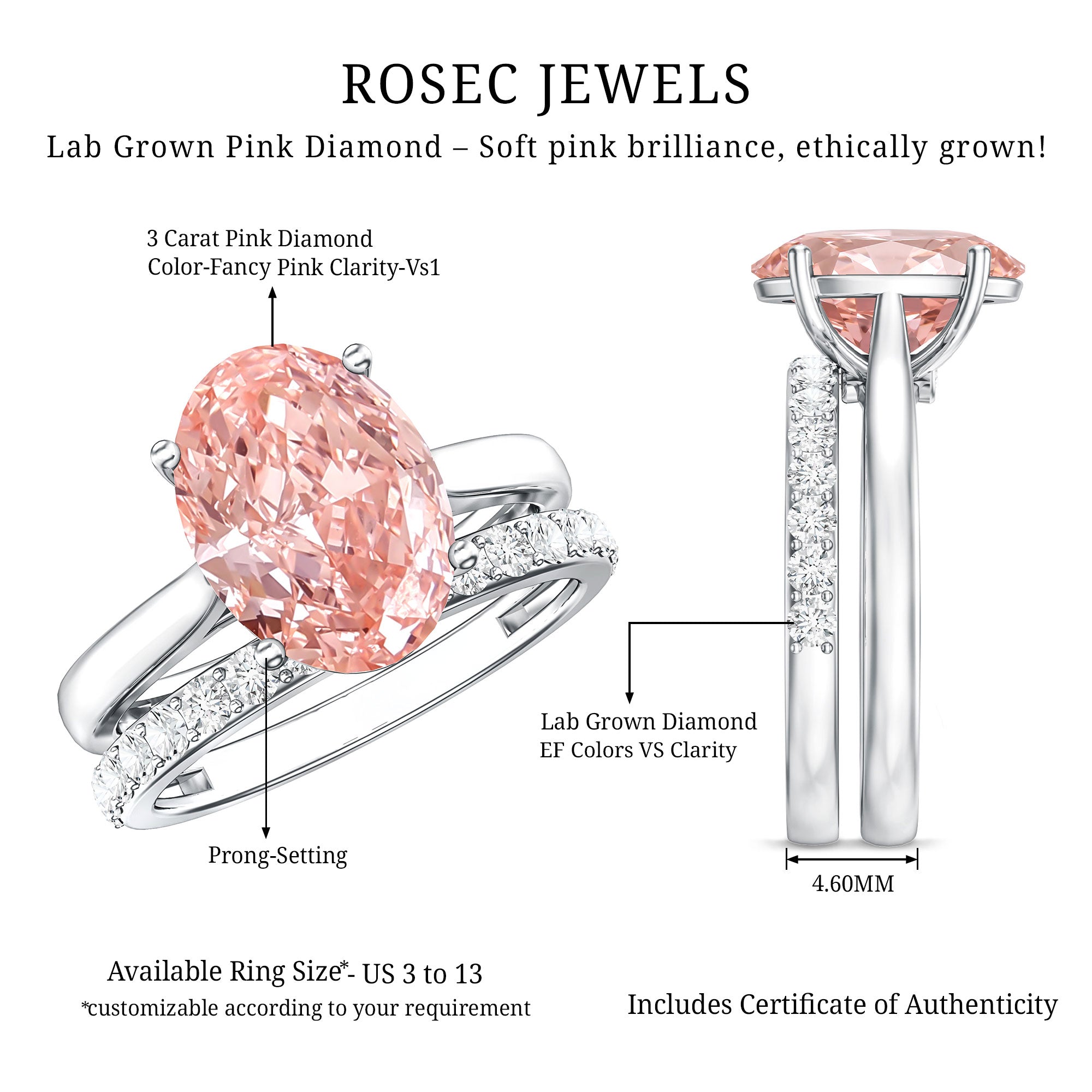 Rosec Jewels-Oval Shape Lab Grown 3 Carat Pink Diamond Solitaire Wedding Ring Set IGI Certified