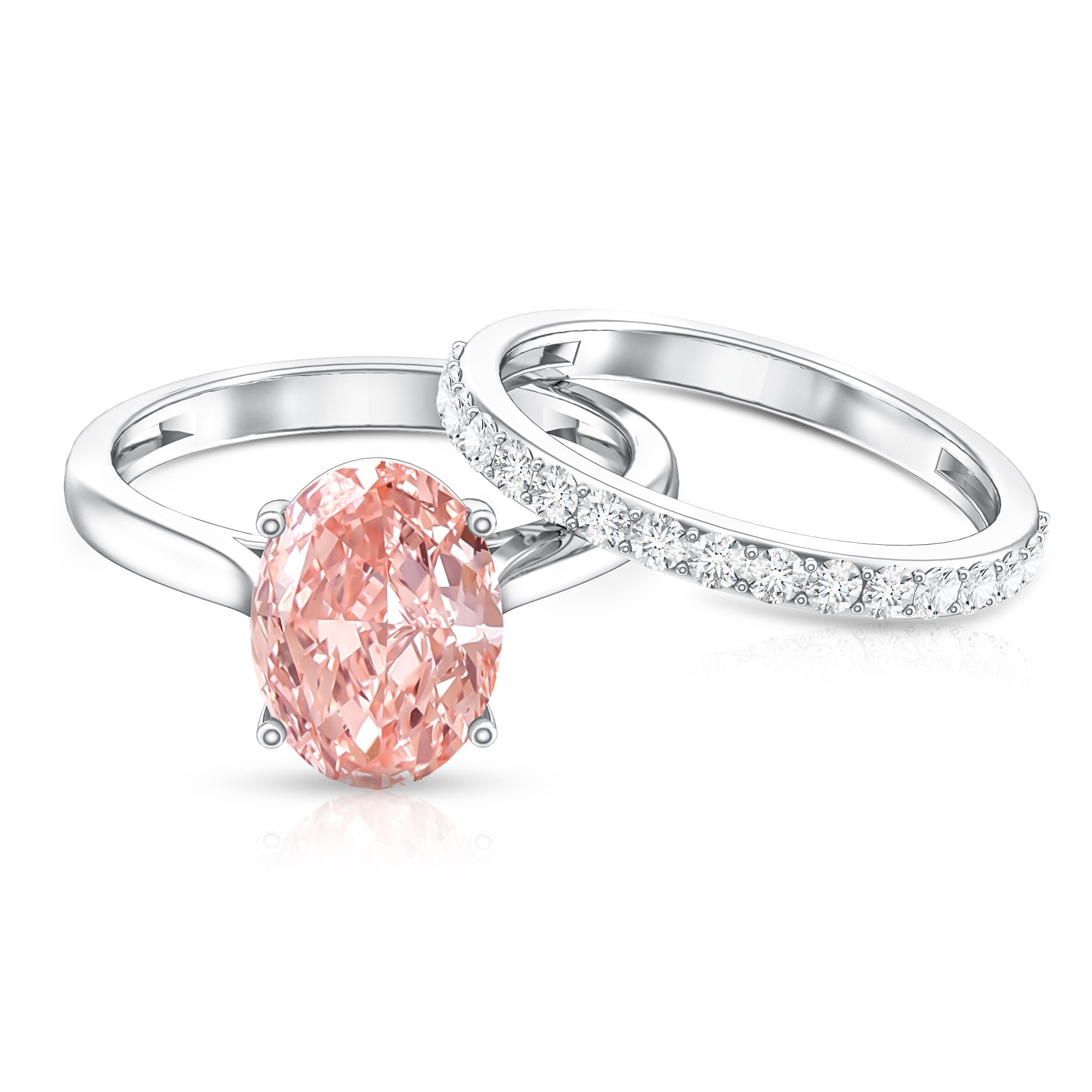 Rosec Jewels-Oval Shape Lab Grown 3 Carat Pink Diamond Solitaire Wedding Ring Set IGI Certified