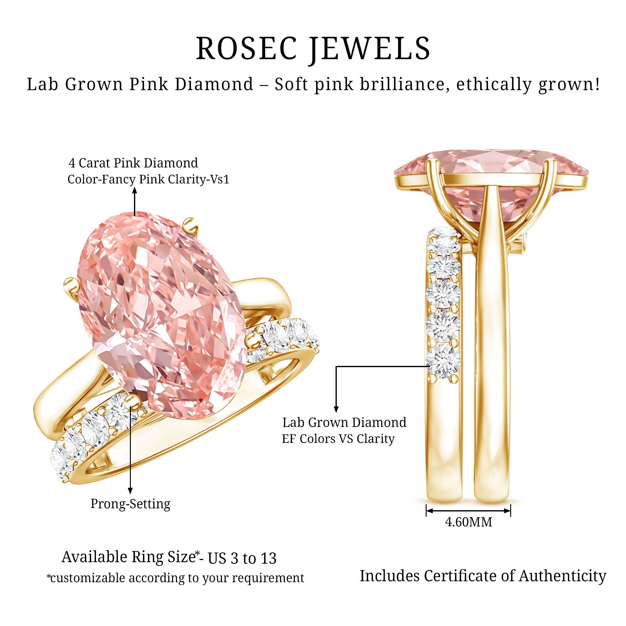 Rosec Jewels-4 Carat IGI Certified Lab Grown Pink Diamond Oval Engagement Ring with Wedding Band