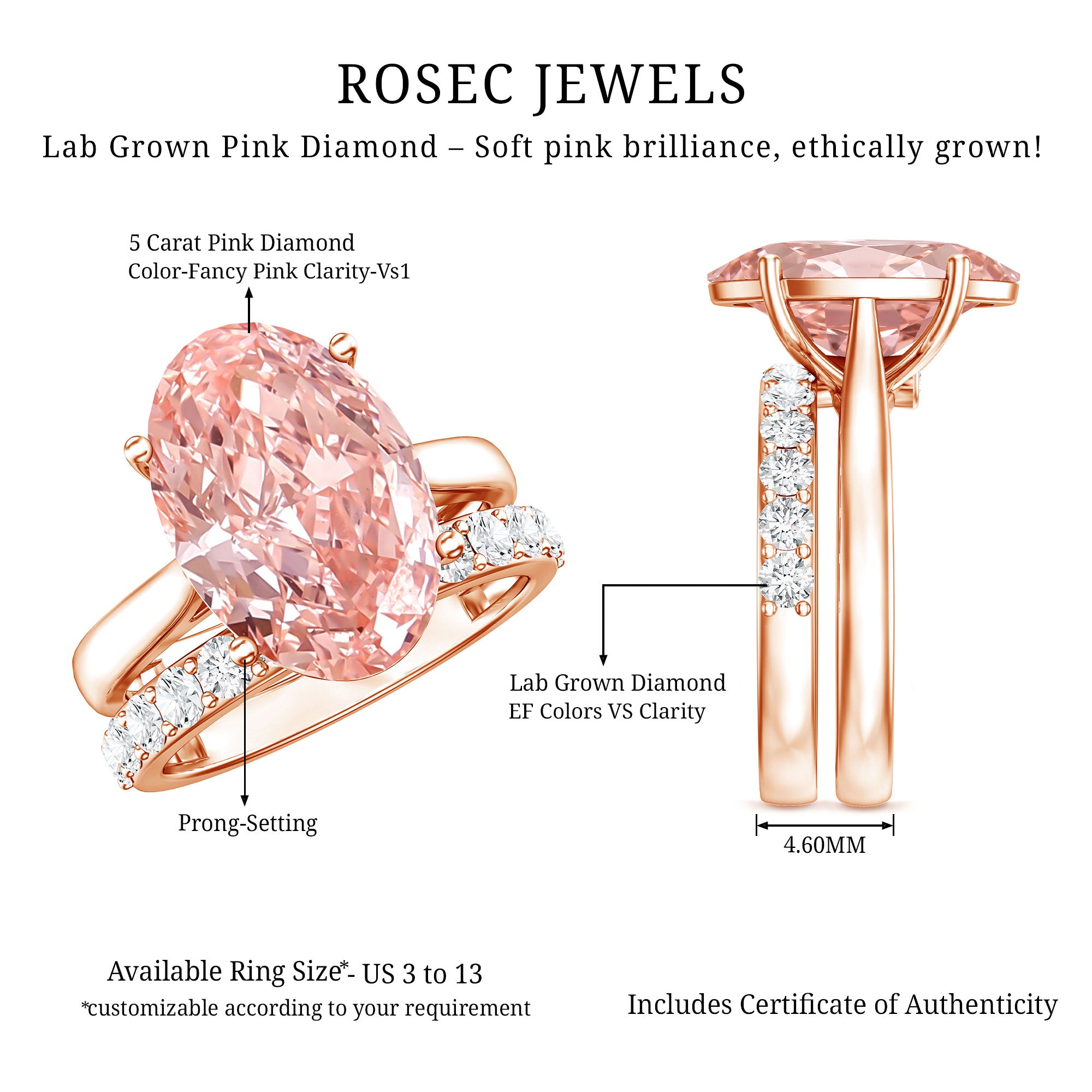 Rosec Jewels-5 Carat Oval Shape Lab Grown Pink Diamond Solitaire Wedding Ring Set IGI Certified