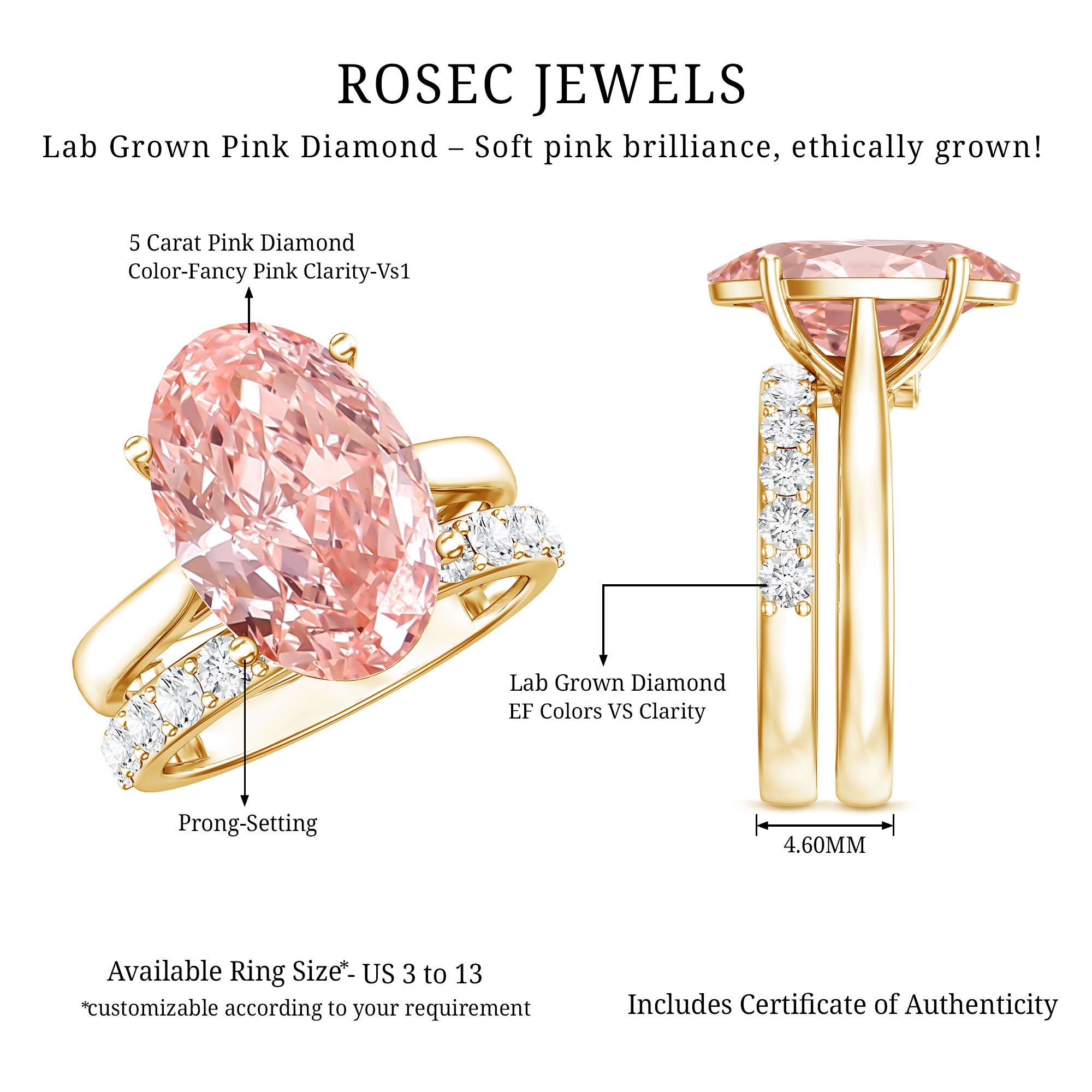 Rosec Jewels-5 Carat Oval Shape Lab Grown Pink Diamond Solitaire Wedding Ring Set IGI Certified