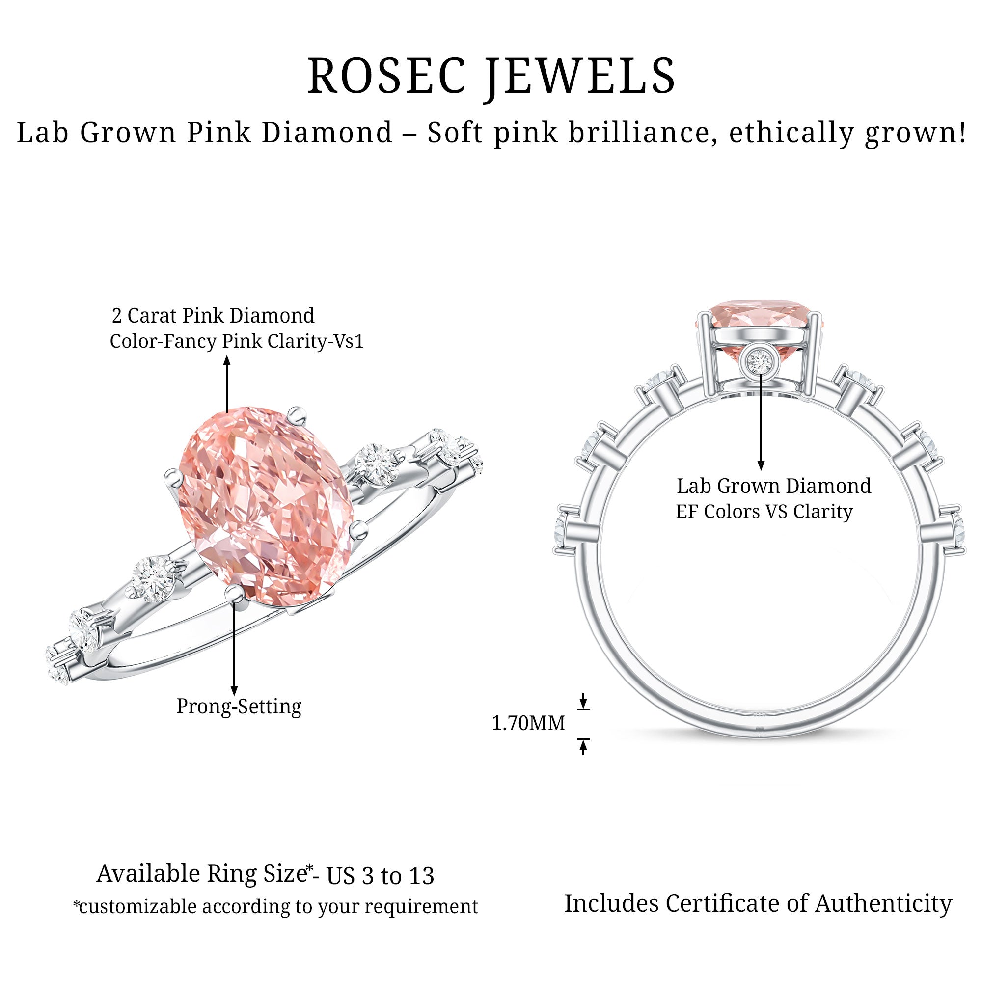 Rosec Jewels-Lab Grown 2 Carat Oval Shaped Pink Diamond Solitaire Engagement Ring IGI Certified