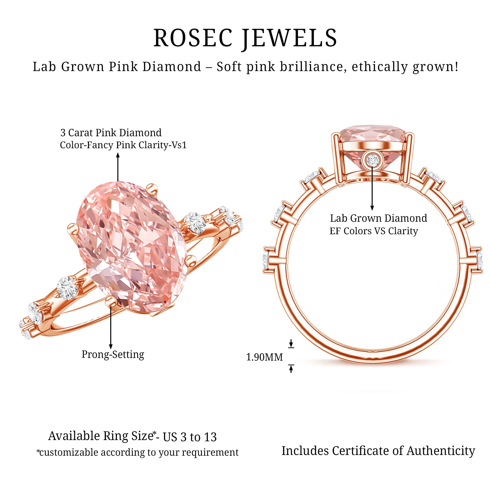Rosec Jewels-IGI Certified 3 Carat Lab Grown Pink Diamond Oval Engagement Ring with Spaced Accent