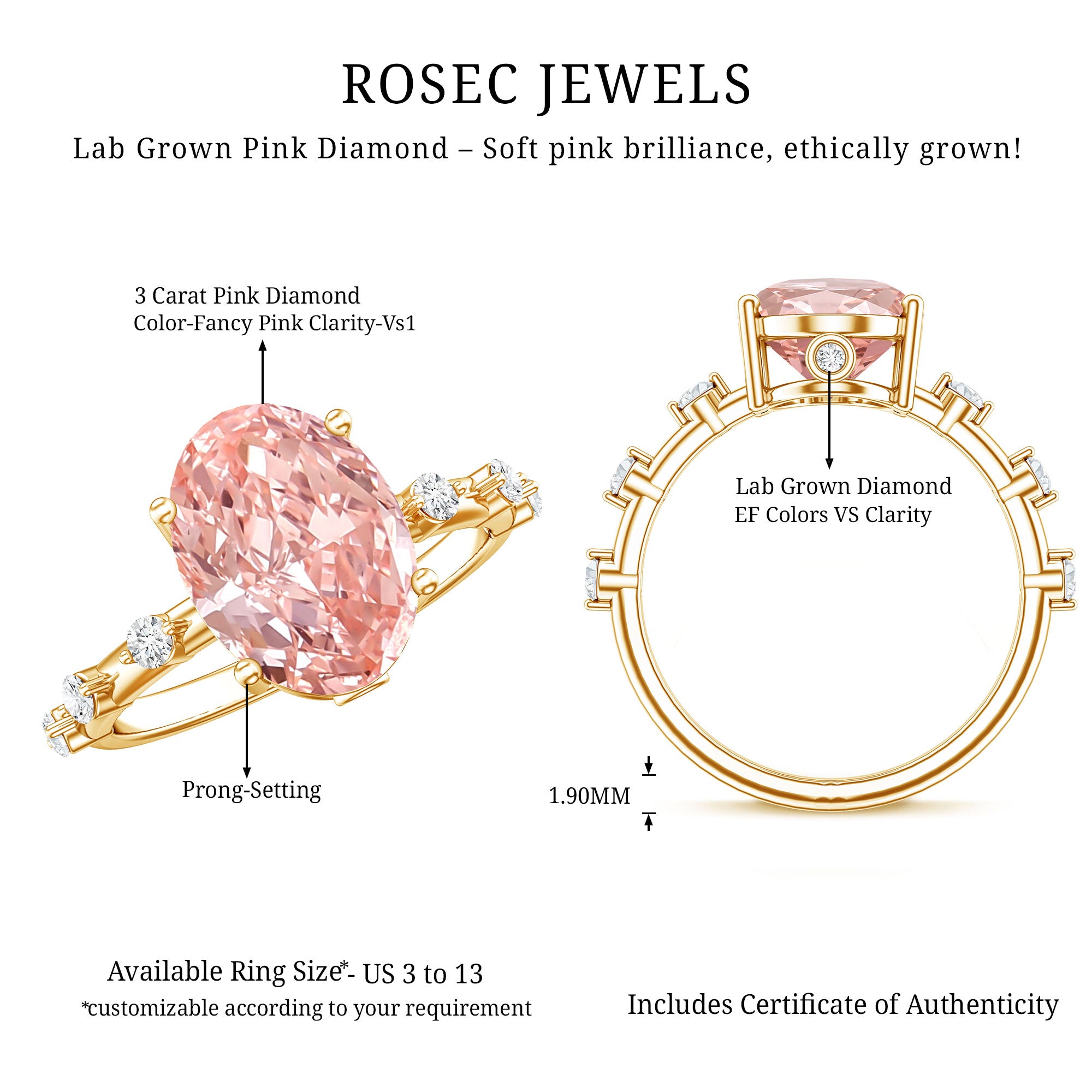 Rosec Jewels-IGI Certified 3 Carat Lab Grown Pink Diamond Oval Engagement Ring with Spaced Accent