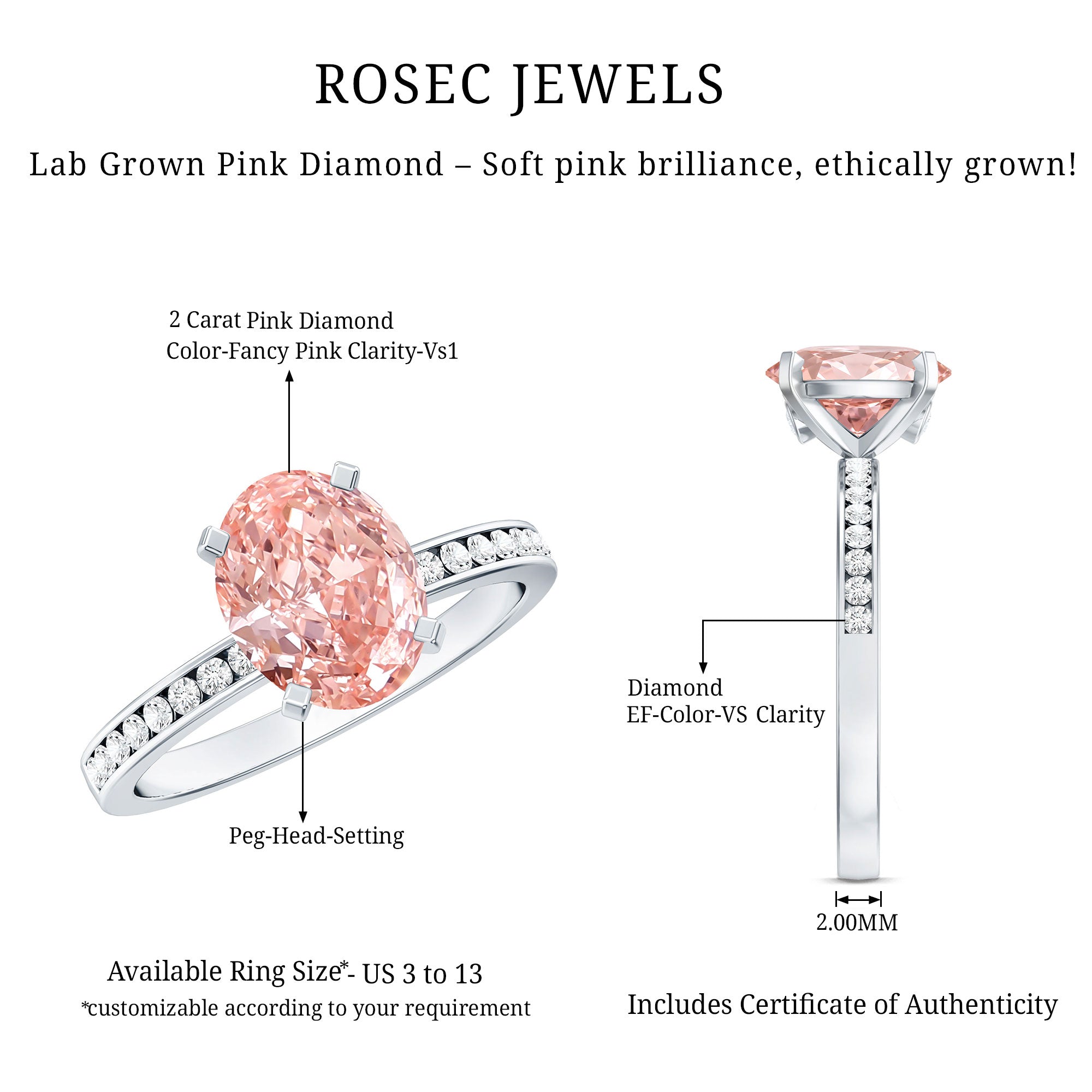 Rosec Jewels-IGI Certified 2 Carat Lab Grown Pink Diamond Oblong Engagement Ring with Side Stones