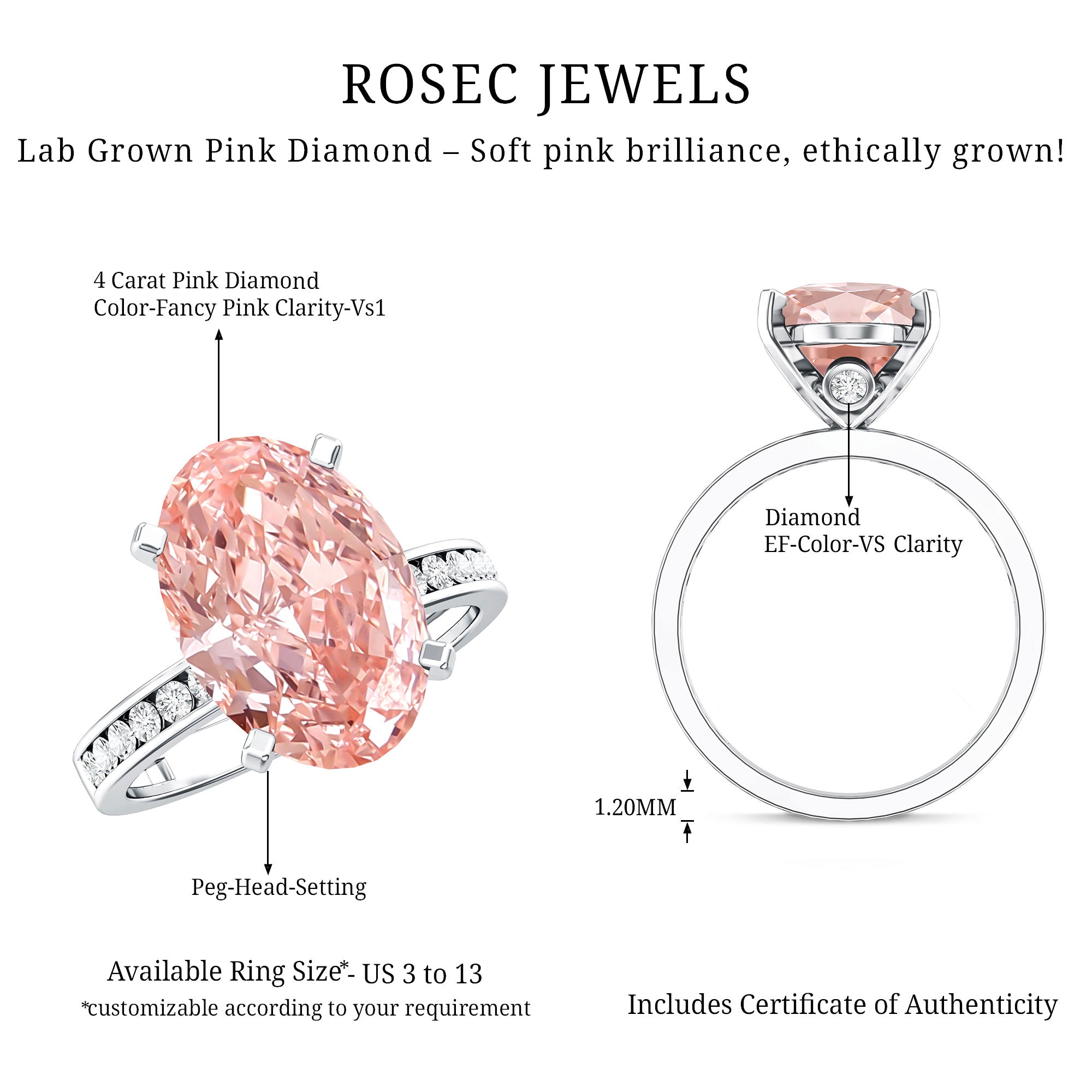 Rosec Jewels-IGI Certified Solitaire Lab Grown Pink Diamond Oval Engagement Ring 4 Carat