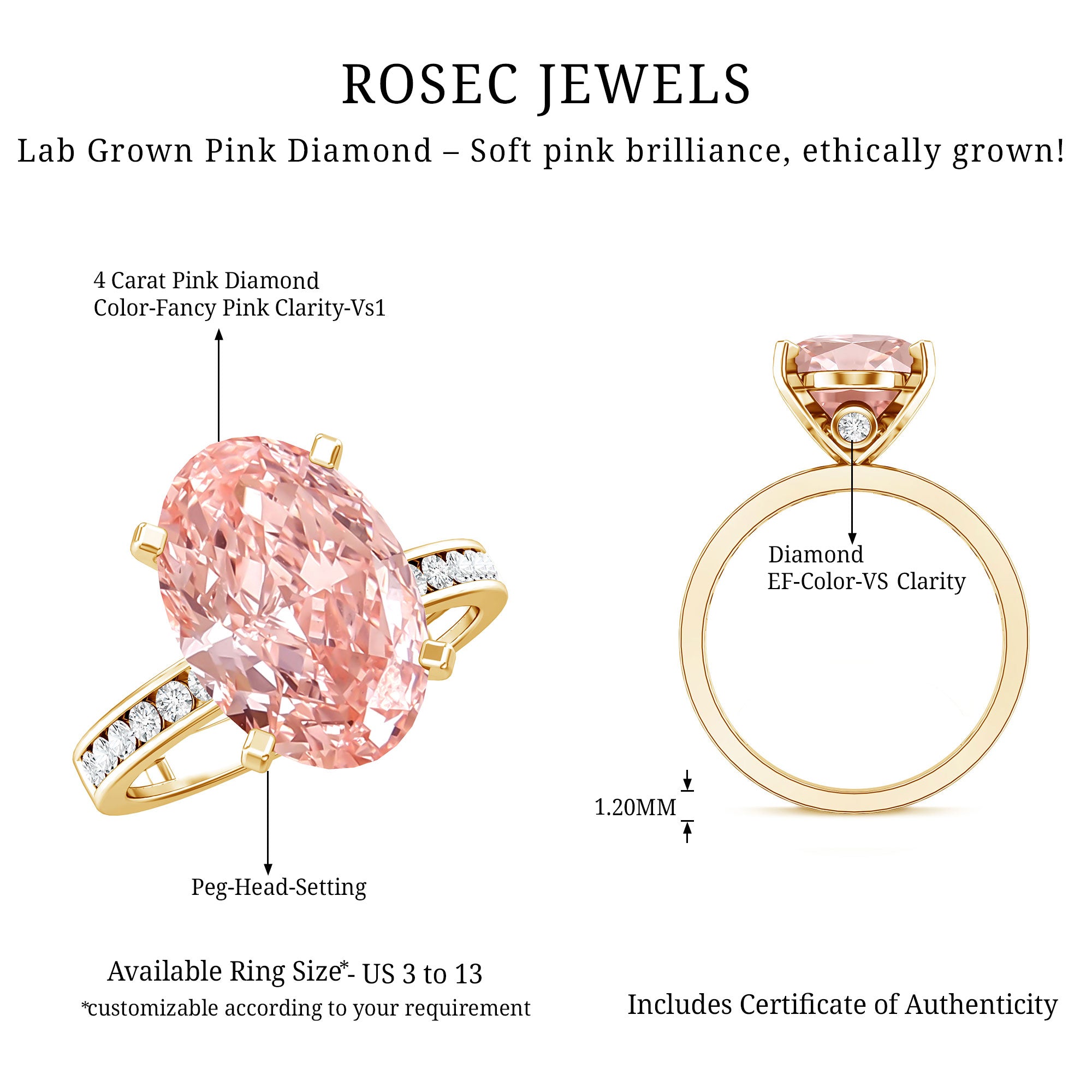 Rosec Jewels-IGI Certified Solitaire Lab Grown Pink Diamond Oval Engagement Ring 4 Carat