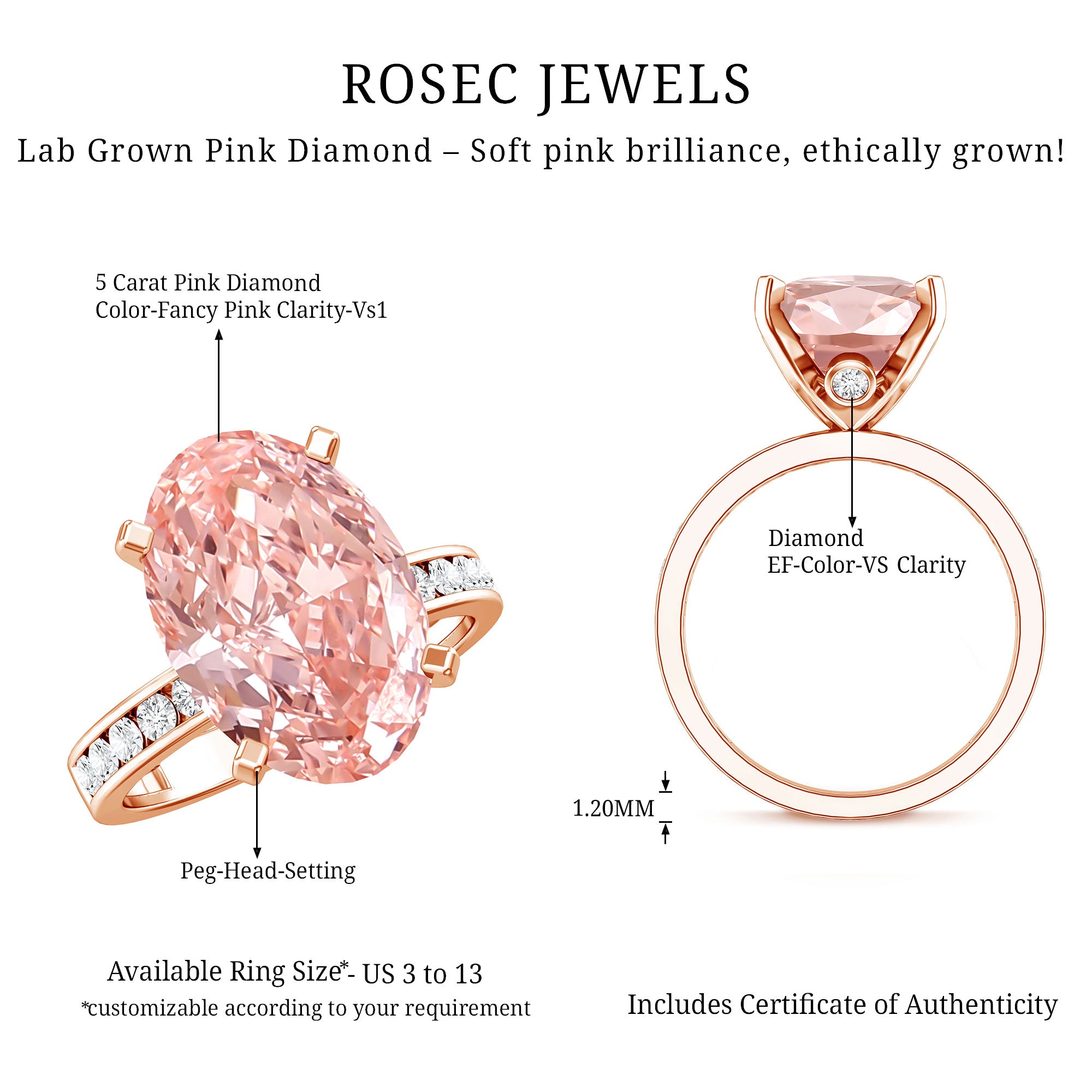 Rosec Jewels-5 Carat Oval Lab Grown Pink Diamond Statement Ring with IGI Certificate