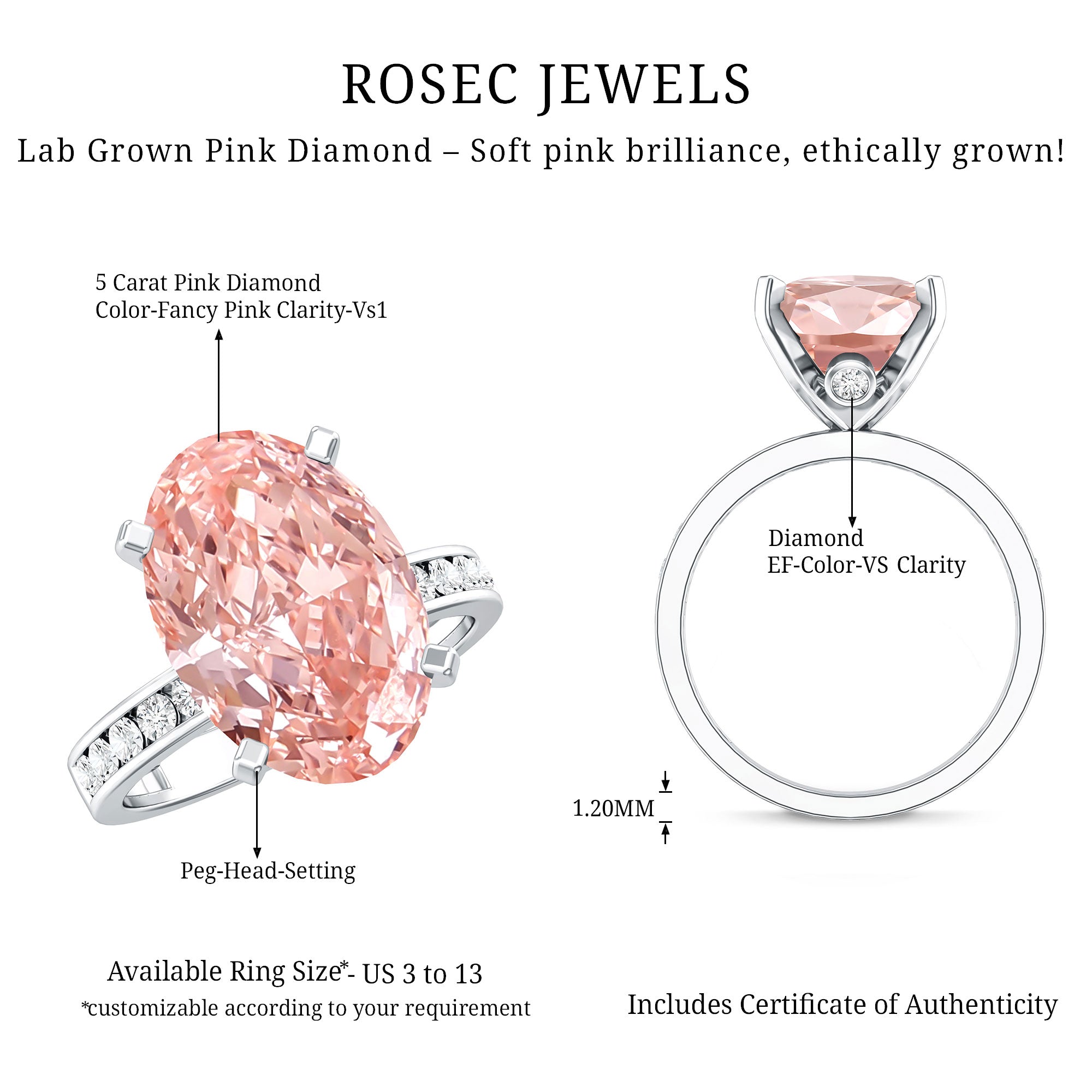 Rosec Jewels-5 Carat Oval Lab Grown Pink Diamond Statement Ring with IGI Certificate