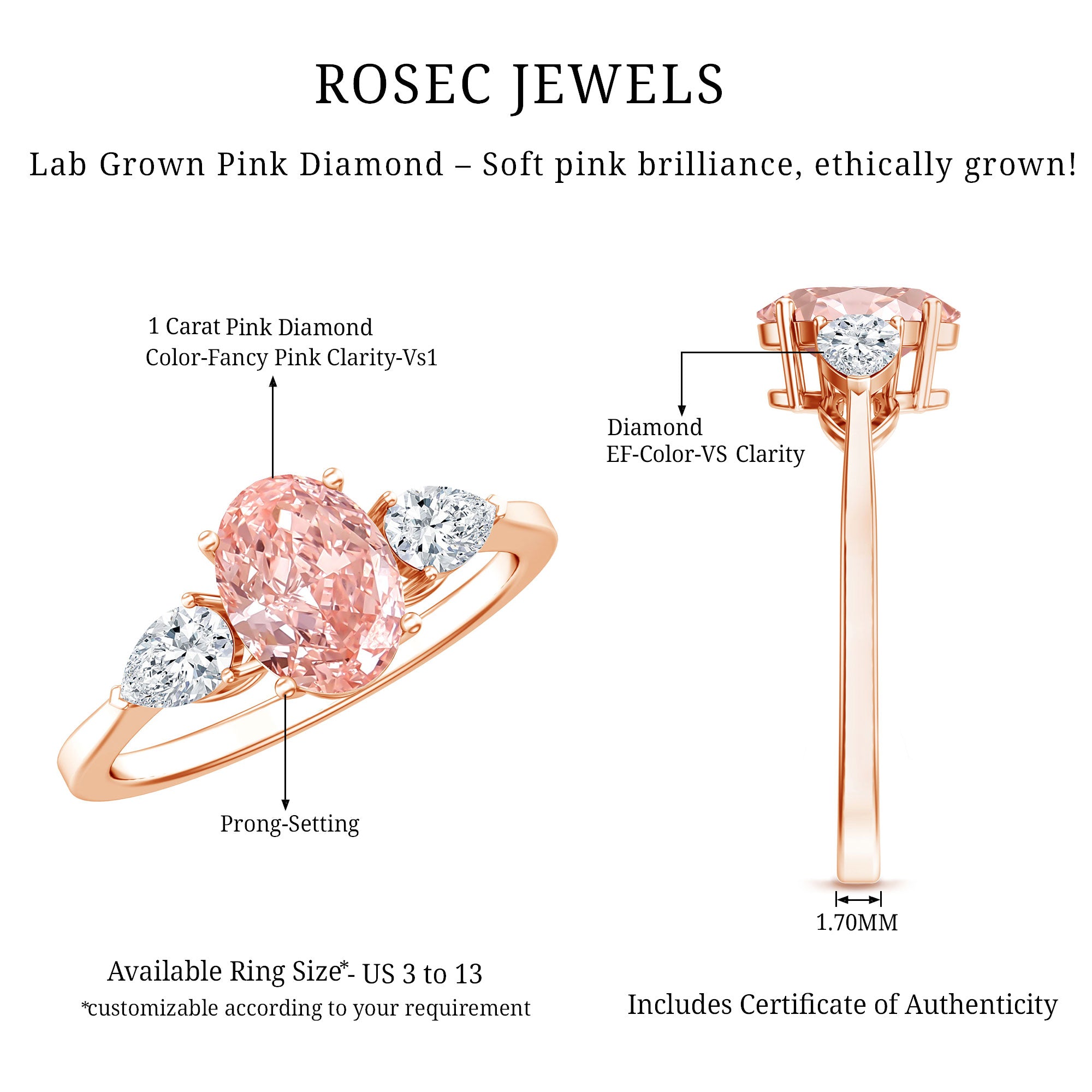 Rosec Jewels-1 Carat Lab Pink and White Diamond Three Stone Engagement Ring IGI Certified