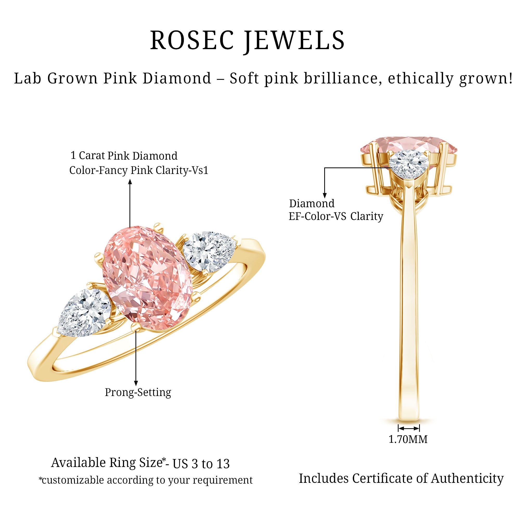 Rosec Jewels-1 Carat Lab Pink and White Diamond Three Stone Engagement Ring IGI Certified