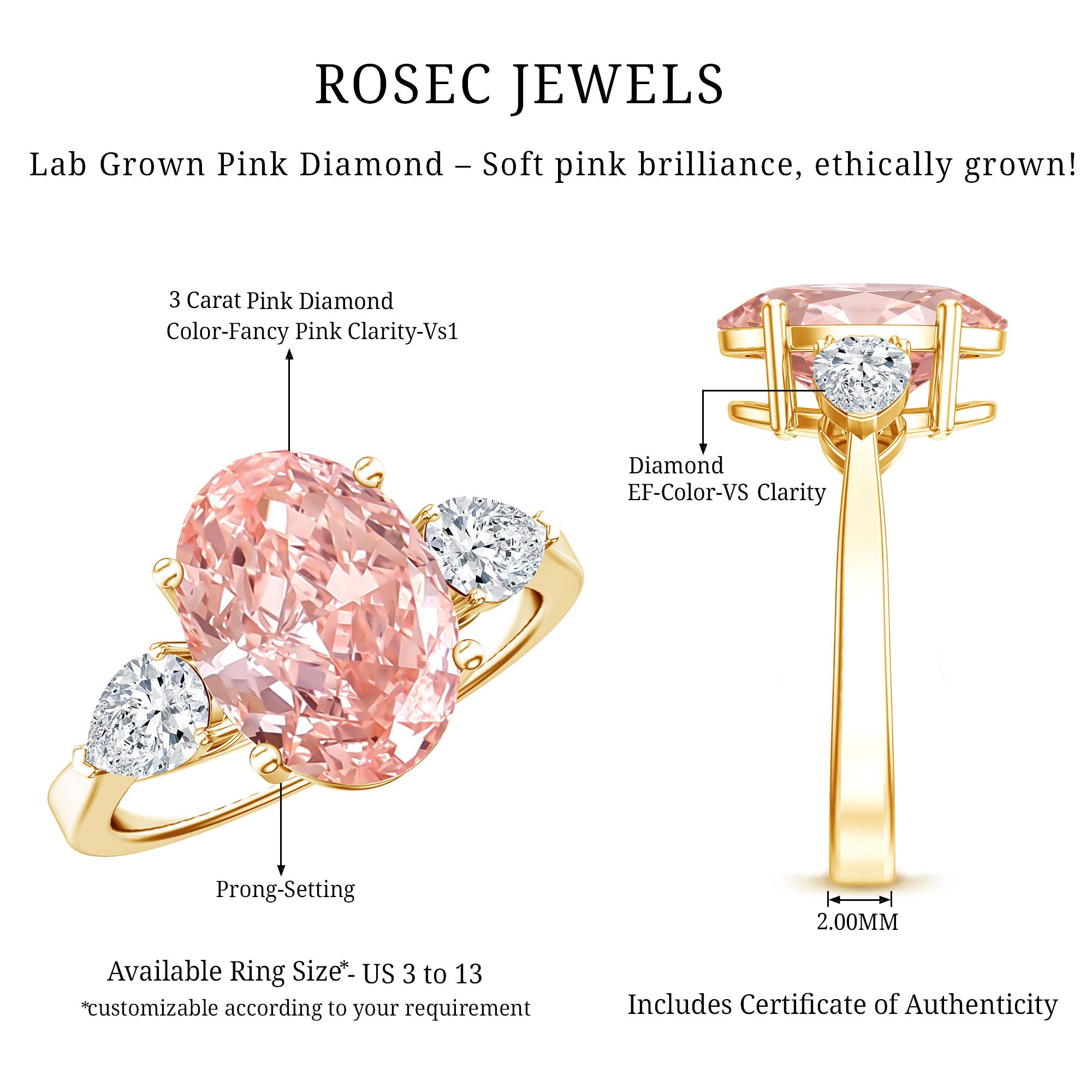 Rosec Jewels-IGI Certified 3 Carat Lab Grown Pink Diamond Triple Stone Engagement Ring for Women