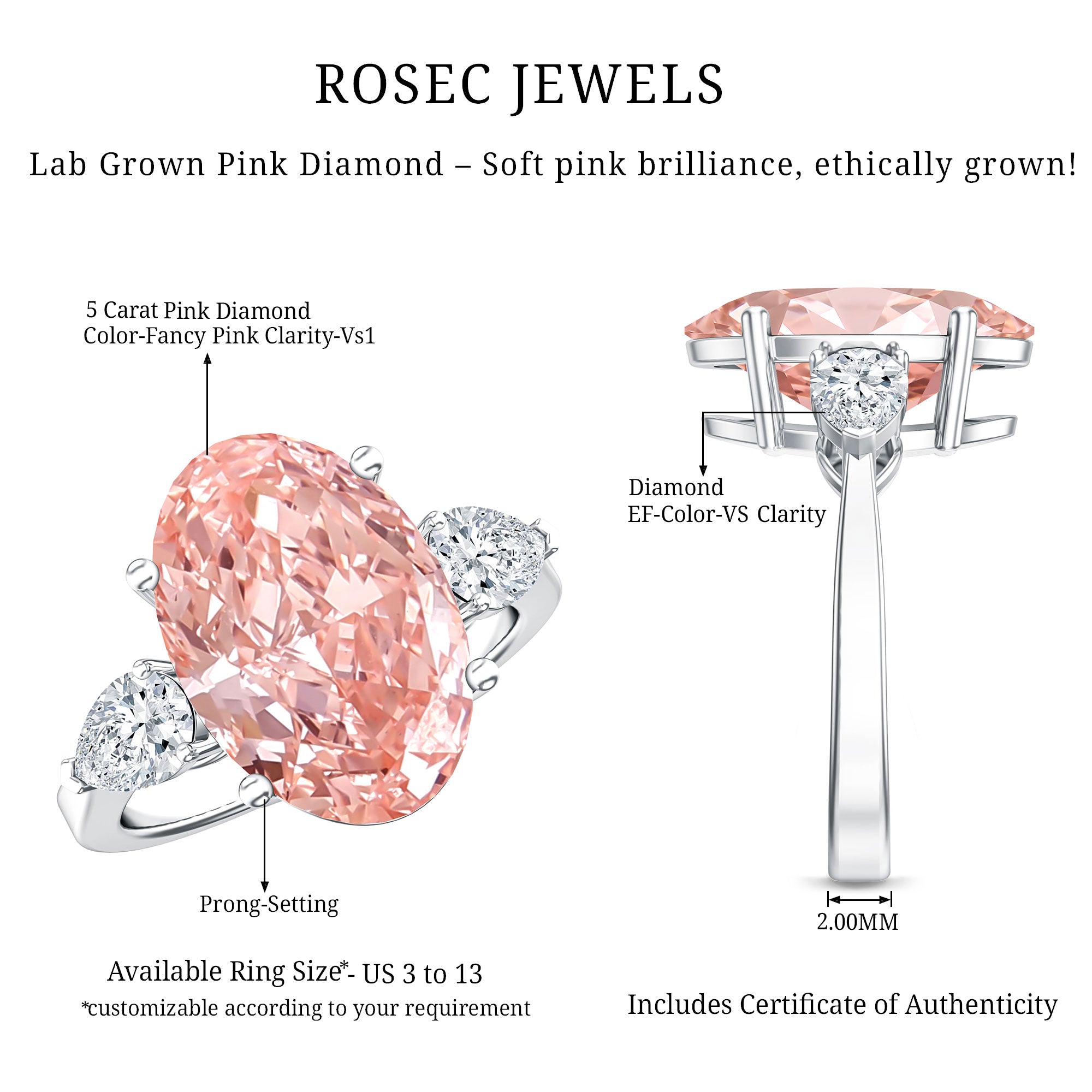Rosec Jewels-5 Carat Lab Created Oval Pink Diamond Statement Engagement Ring with IGI Certificate