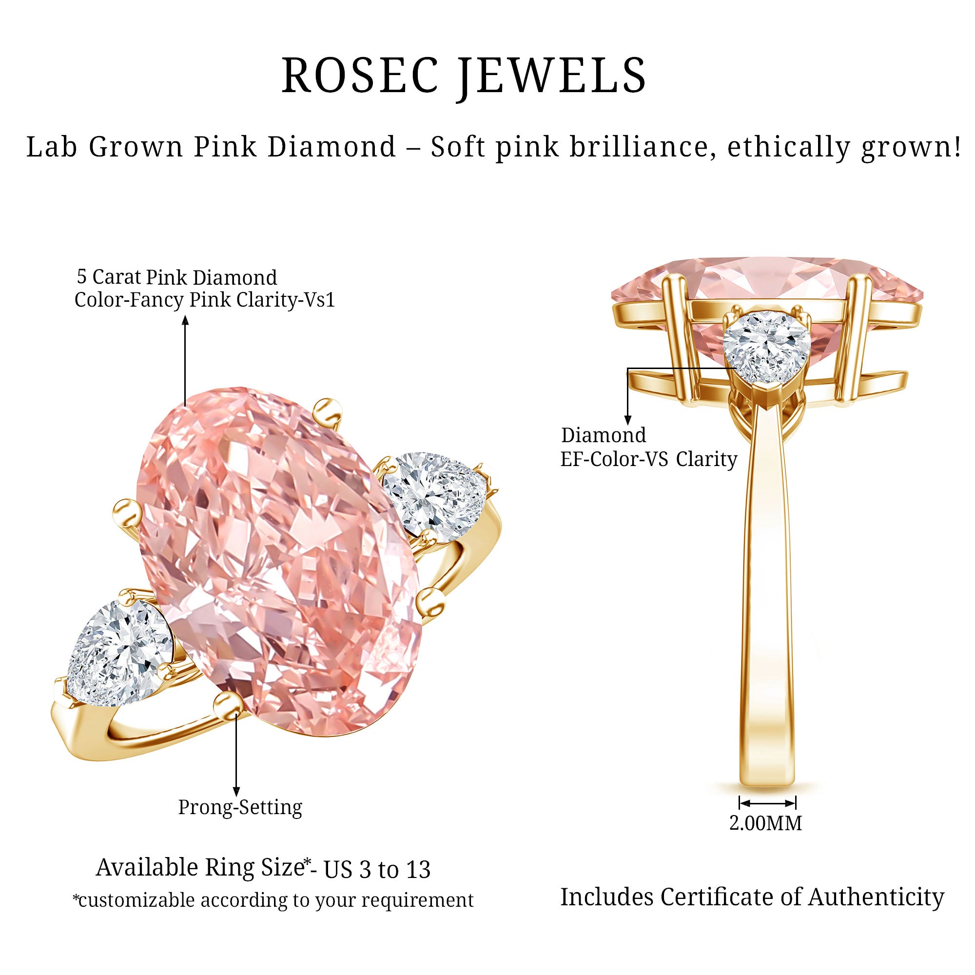Rosec Jewels-5 Carat Lab Created Oval Pink Diamond Statement Engagement Ring with IGI Certificate