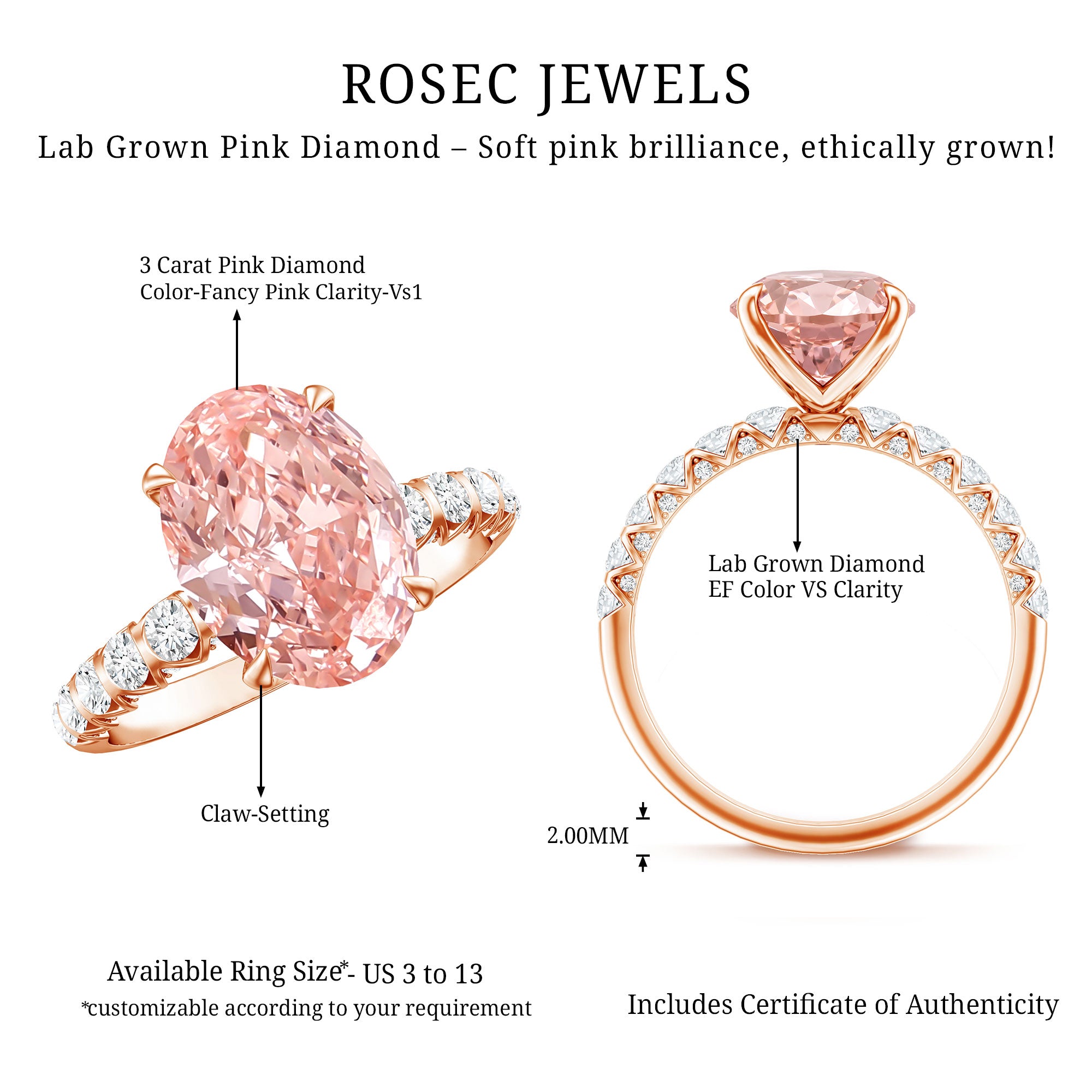 Rosec Jewels-IGI Certified 3 Carat Lab Grown Oval Pink Diamond Engagement Ring with Side Stones