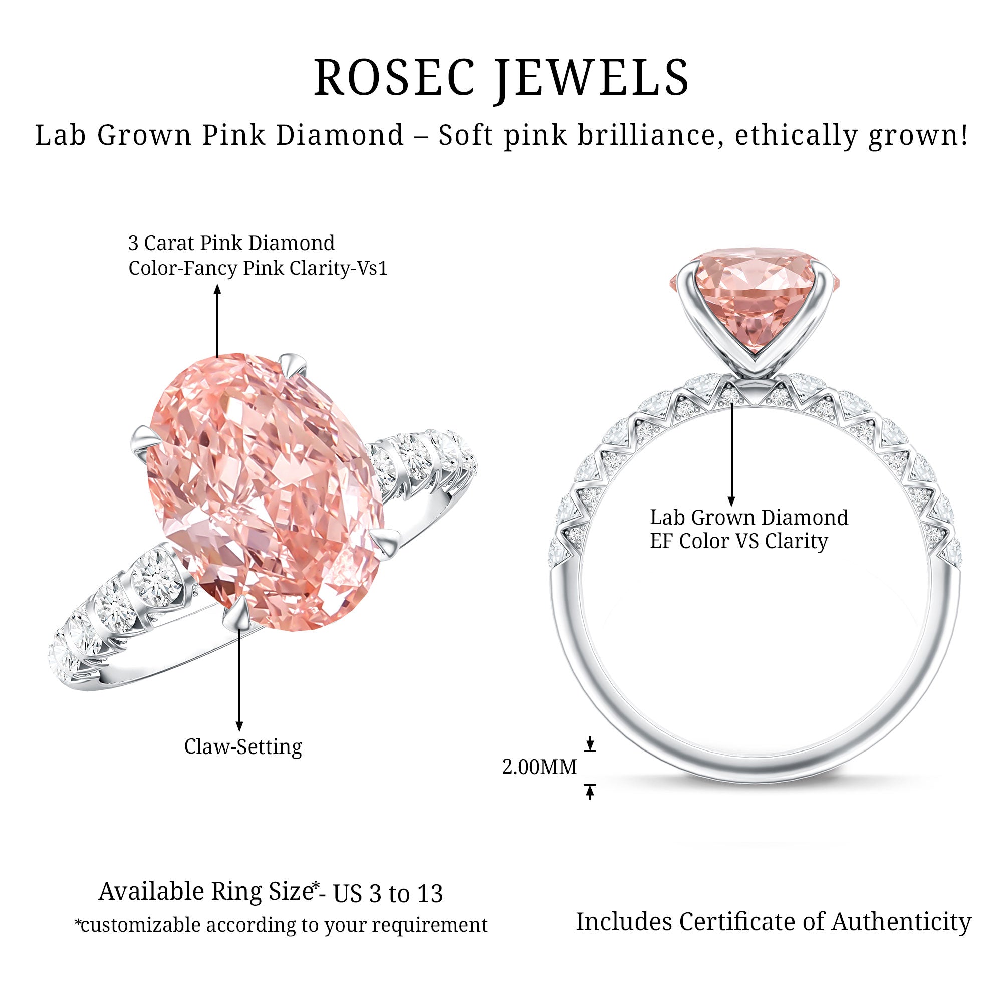 Rosec Jewels-IGI Certified 3 Carat Lab Grown Oval Pink Diamond Engagement Ring with Side Stones