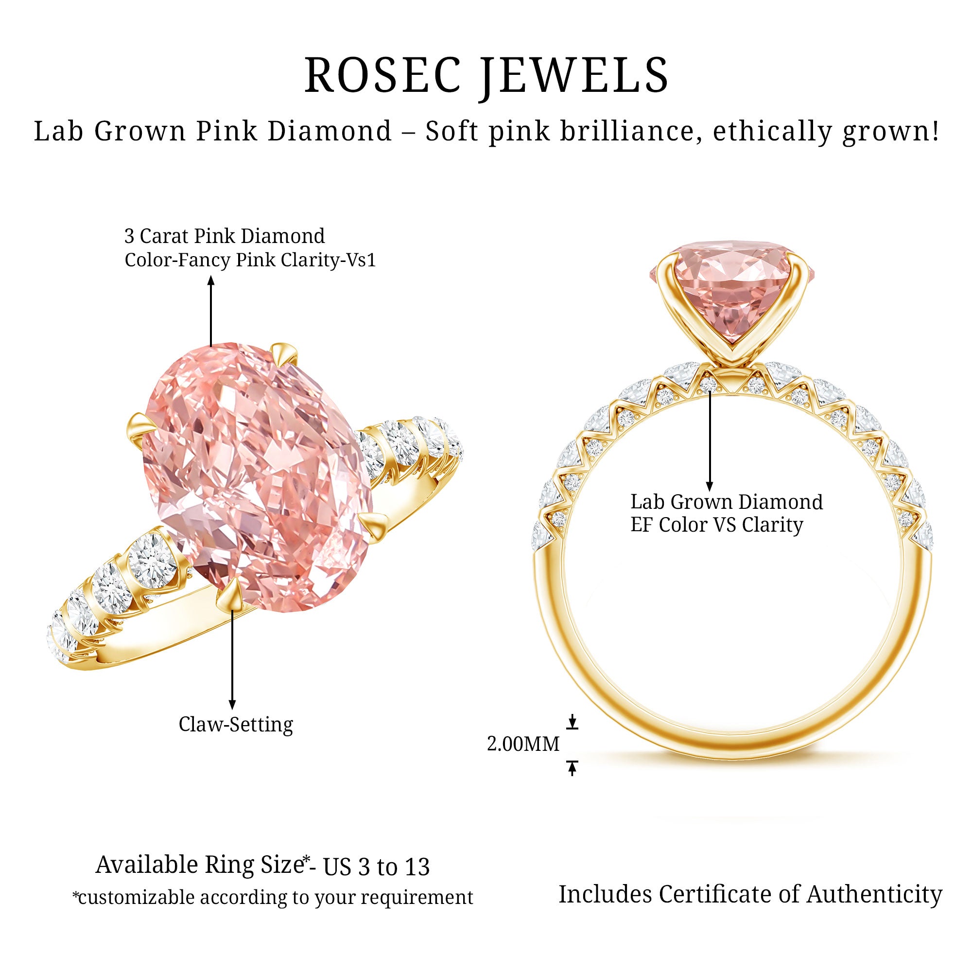 Rosec Jewels-IGI Certified 3 Carat Lab Grown Oval Pink Diamond Engagement Ring with Side Stones