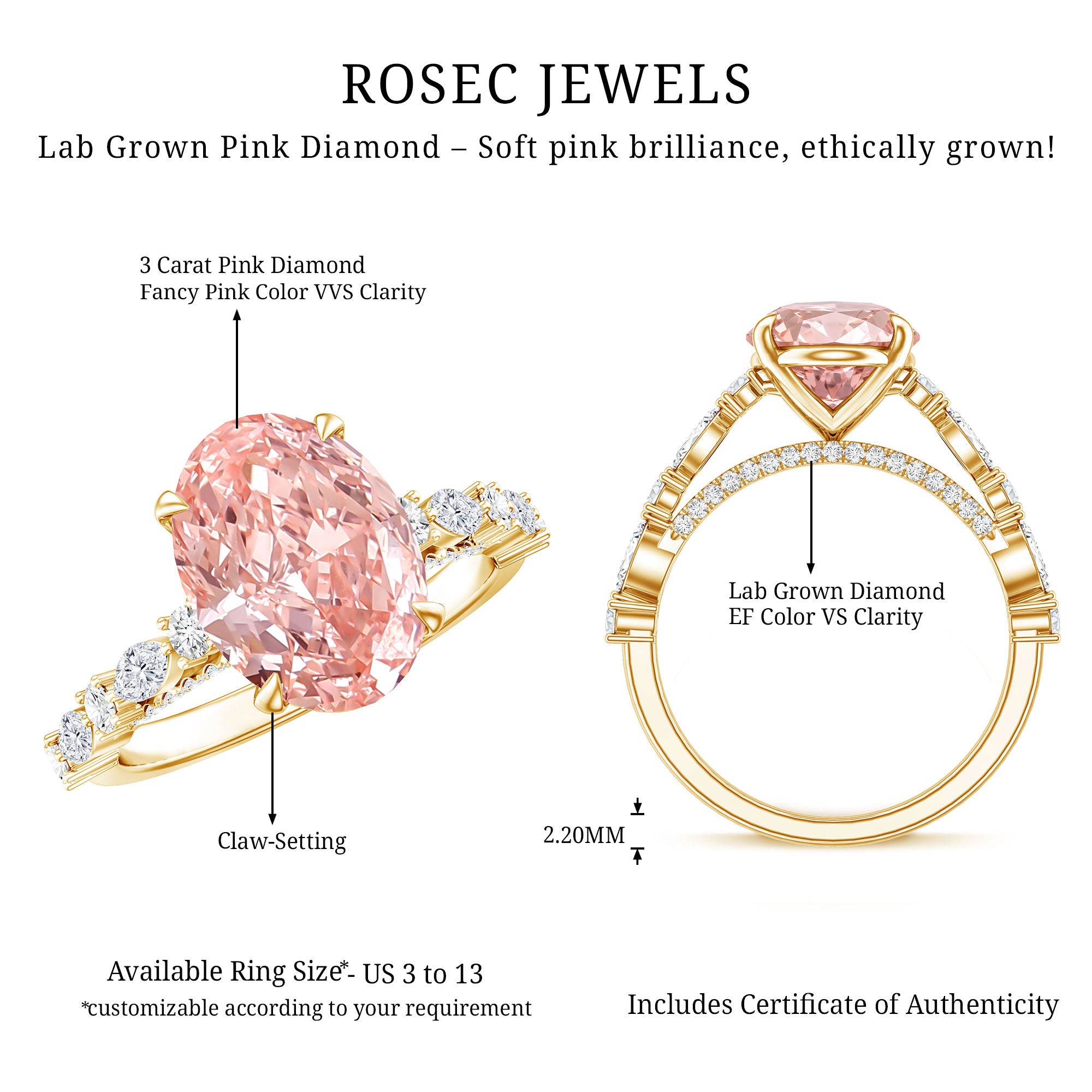Rosec Jewels-3 Carat Oval Lab Grown Pink Diamond Designer Engagement Ring IGI Certified