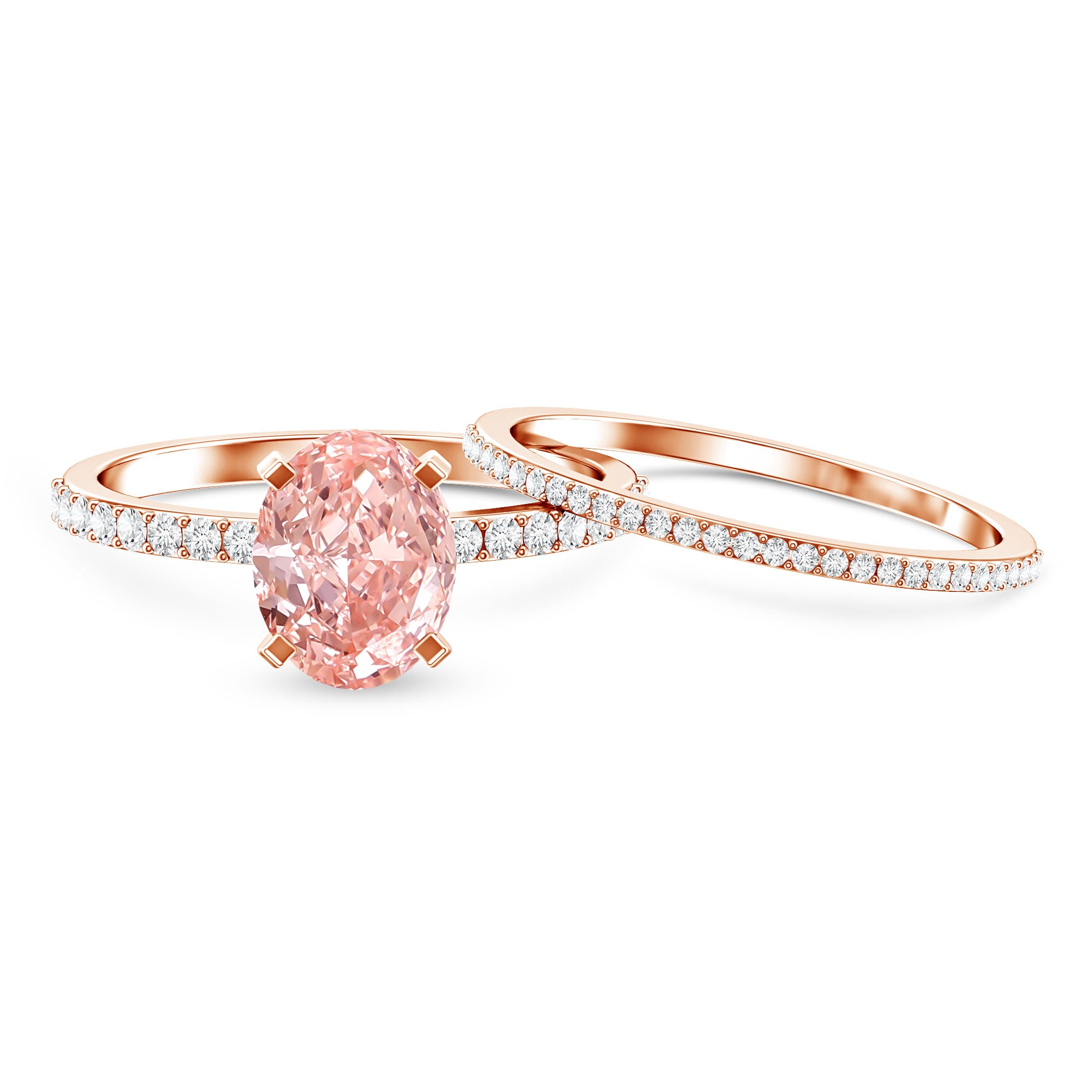 Rosec Jewels-Oval Shaped 2 Carat Lab Grown Pink Diamond Solitaire Bridal Ring Set with IGI Certificate