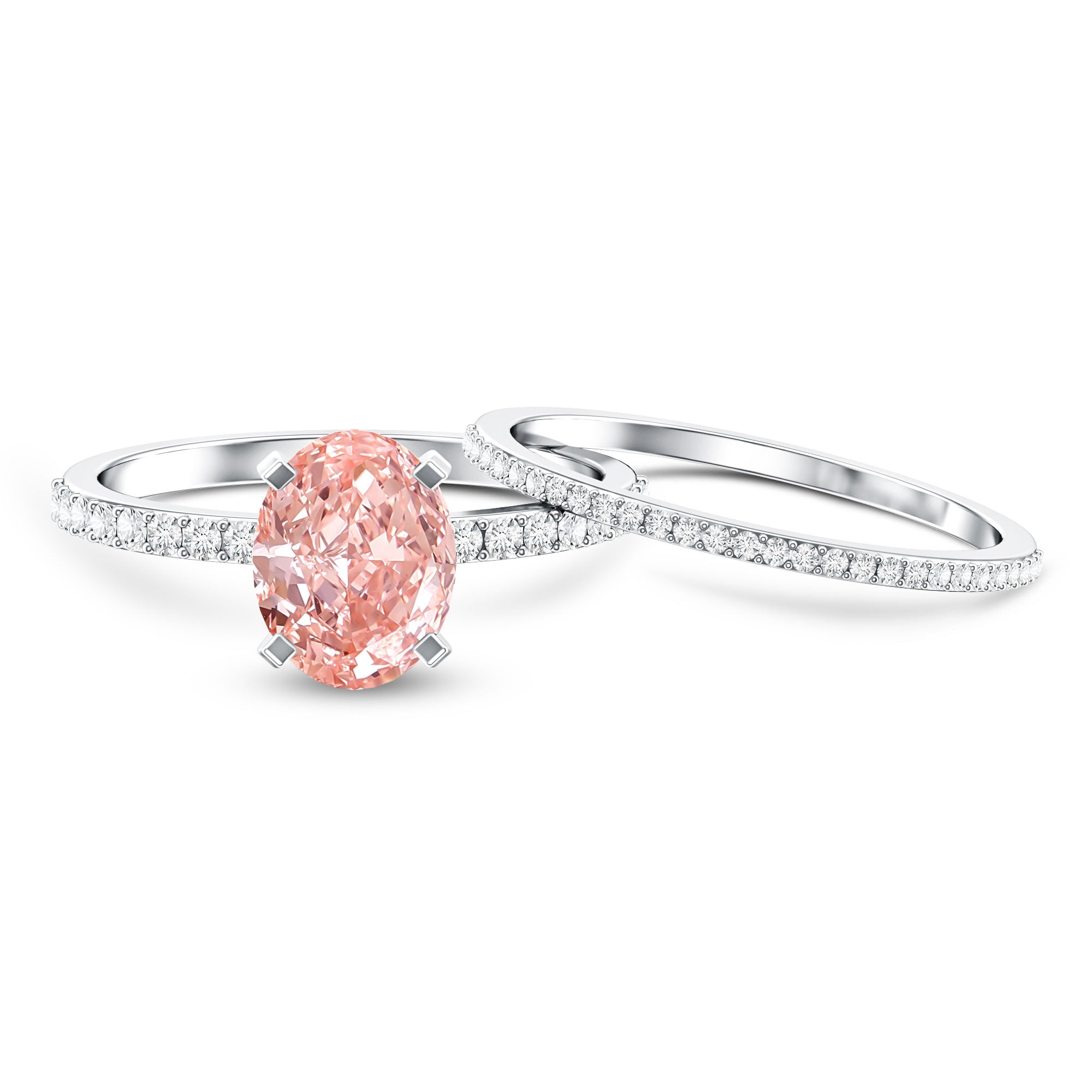Rosec Jewels-Oval Shaped 2 Carat Lab Grown Pink Diamond Solitaire Bridal Ring Set with IGI Certificate