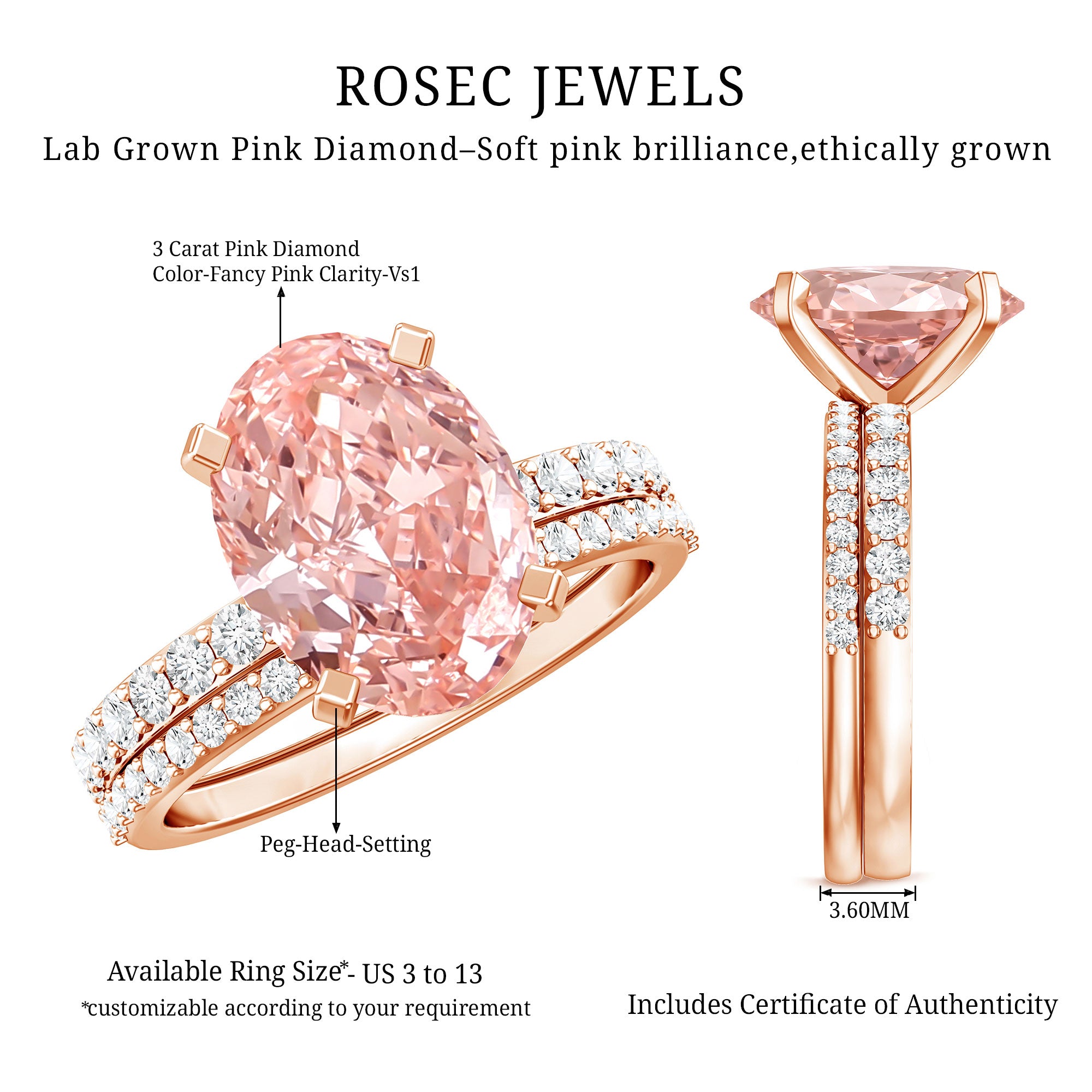 3 Carat Lab Grown Pink Diamond Oval Shape Wedding Ring Set IGI Certified Fancy Pink - VS1 - Rosec Jewels