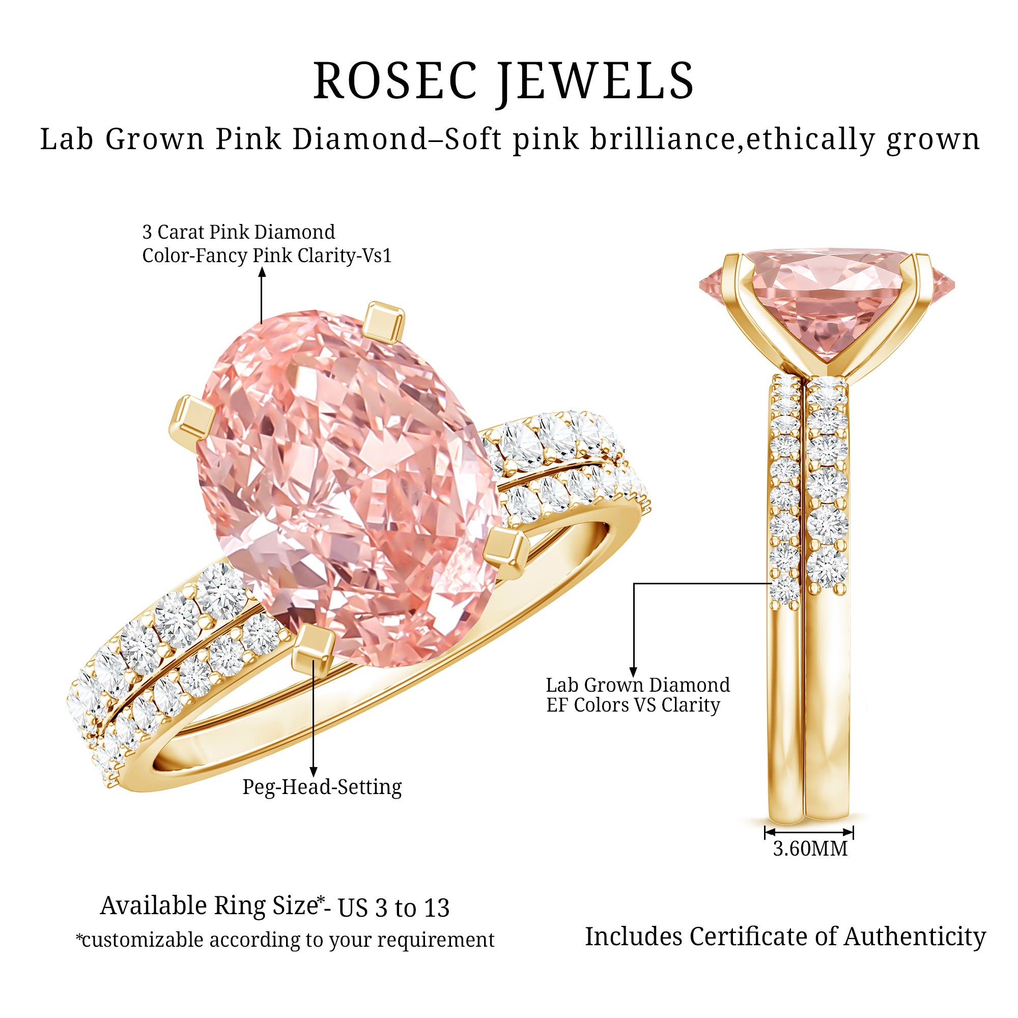 3 Carat Lab Grown Pink Diamond Oval Shape Wedding Ring Set IGI Certified Fancy Pink - VS1 - Rosec Jewels