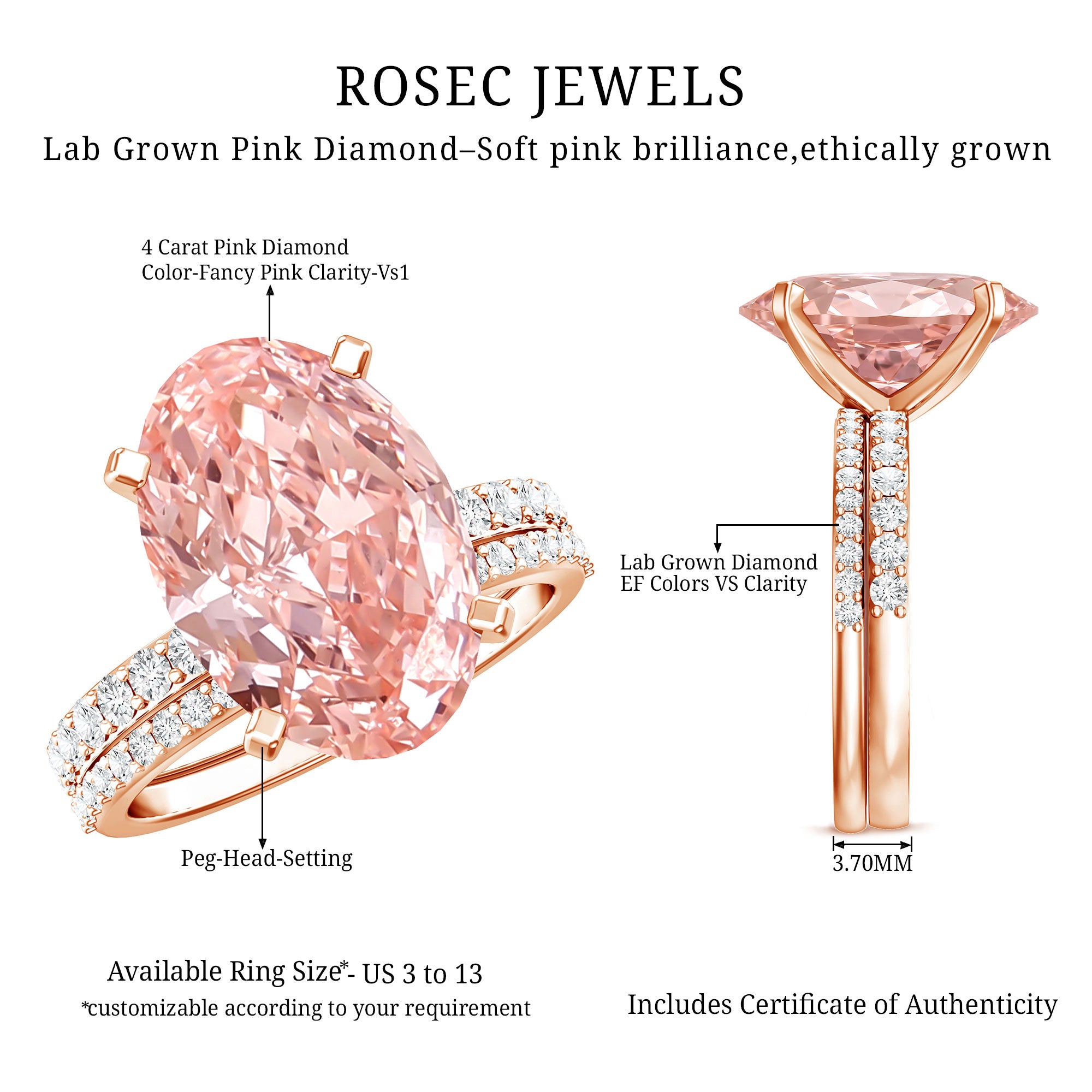 4 Carat Elongated Oval Shape Lab Pink Diamond Solitaire Bridal Ring Set IGI Certified Fancy Pink - VS1 - Rosec Jewels