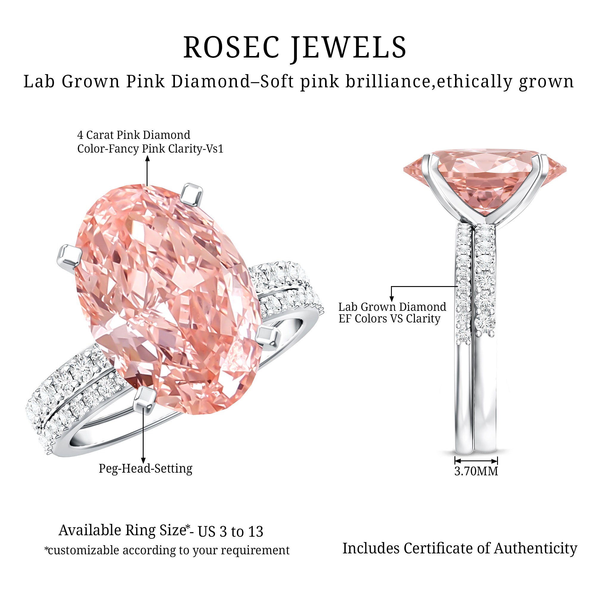 4 Carat Elongated Oval Shape Lab Pink Diamond Solitaire Bridal Ring Set IGI Certified Fancy Pink - VS1 - Rosec Jewels