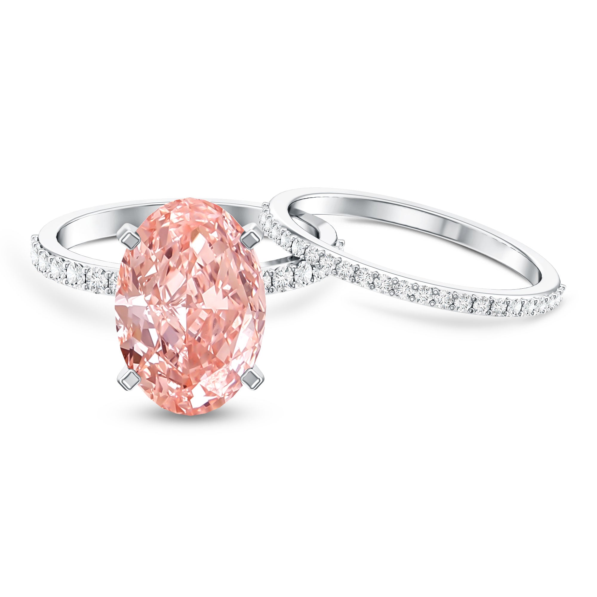 4 Carat Elongated Oval Shape Lab Pink Diamond Solitaire Bridal Ring Set IGI Certified Fancy Pink - VS1 - Rosec Jewels