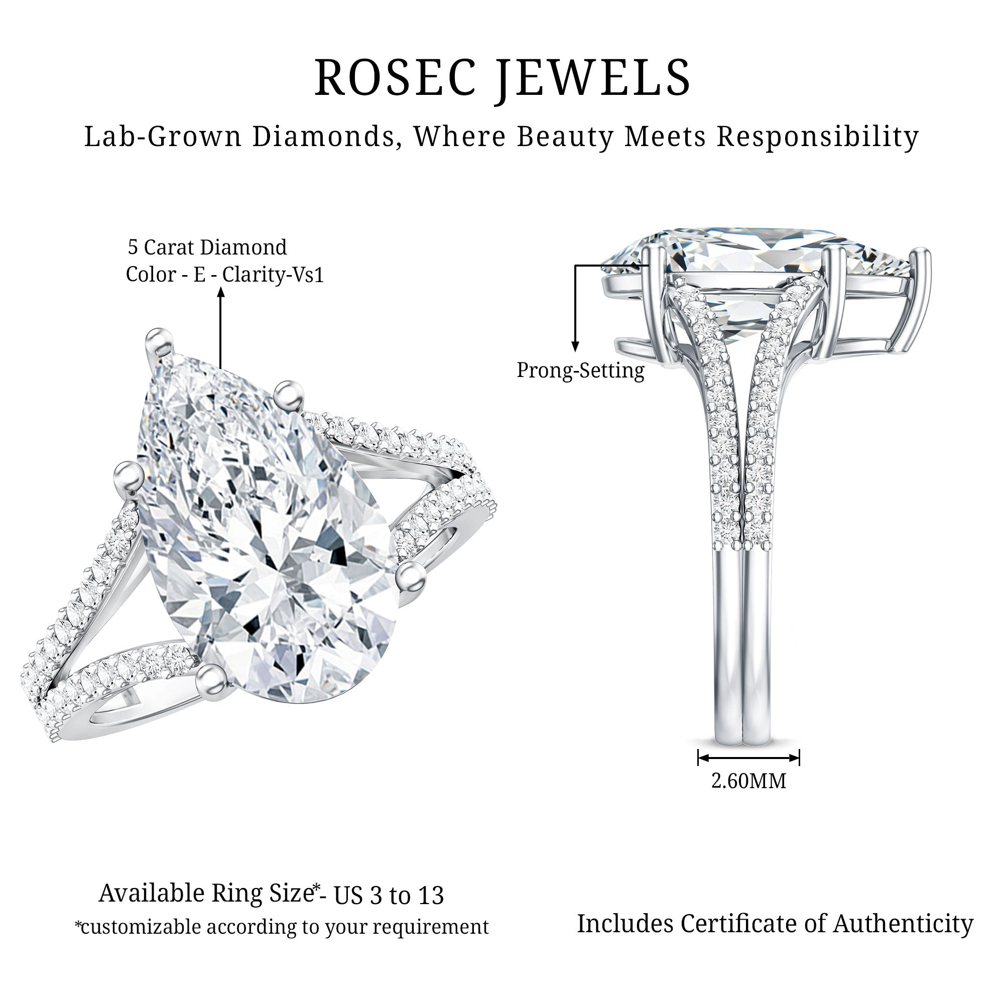 Rosec Jewels-IGI Certified 5 Carat Lab Grown Diamond Statement Engagement Ring with Split Shank
