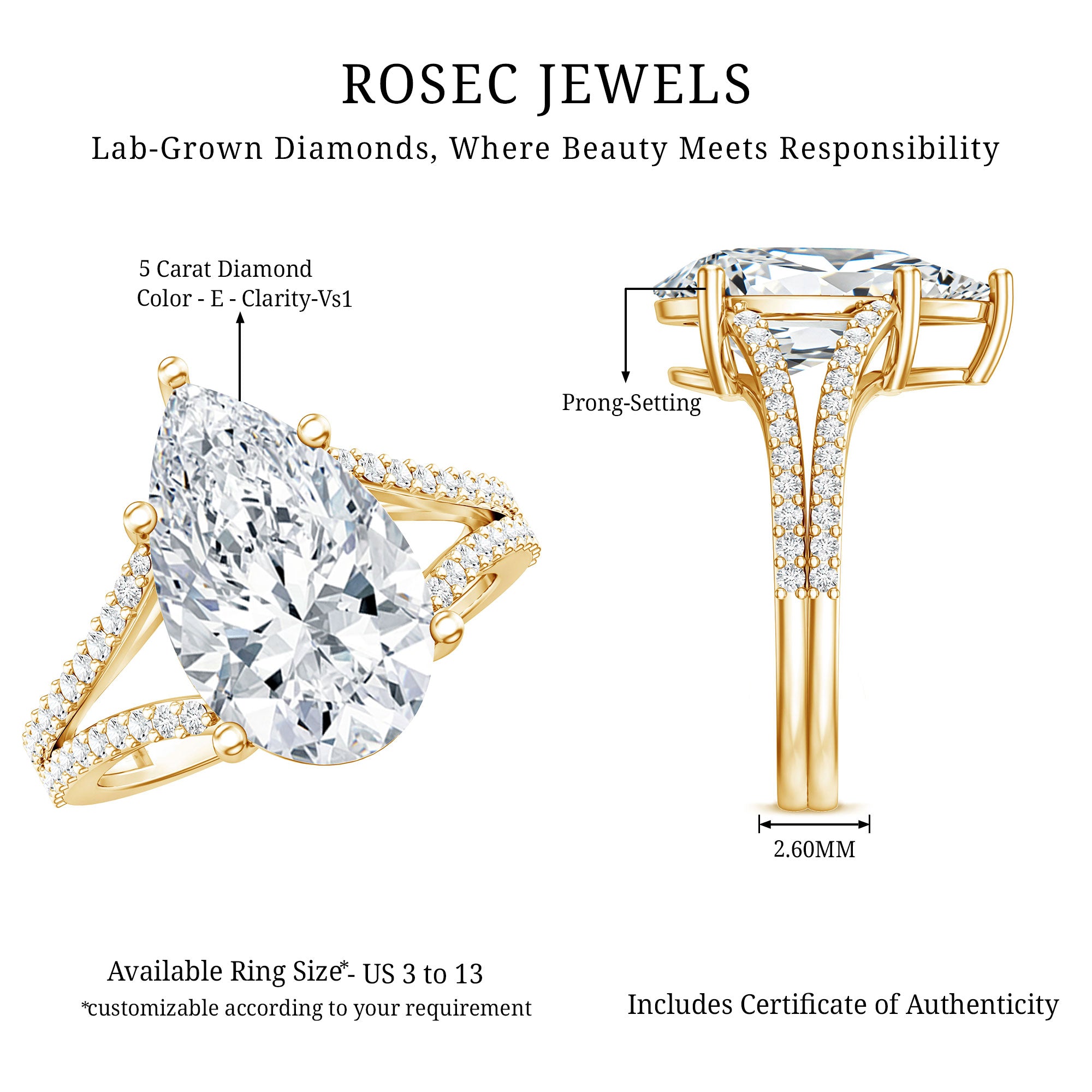 Rosec Jewels-IGI Certified 5 Carat Lab Grown Diamond Statement Engagement Ring with Split Shank