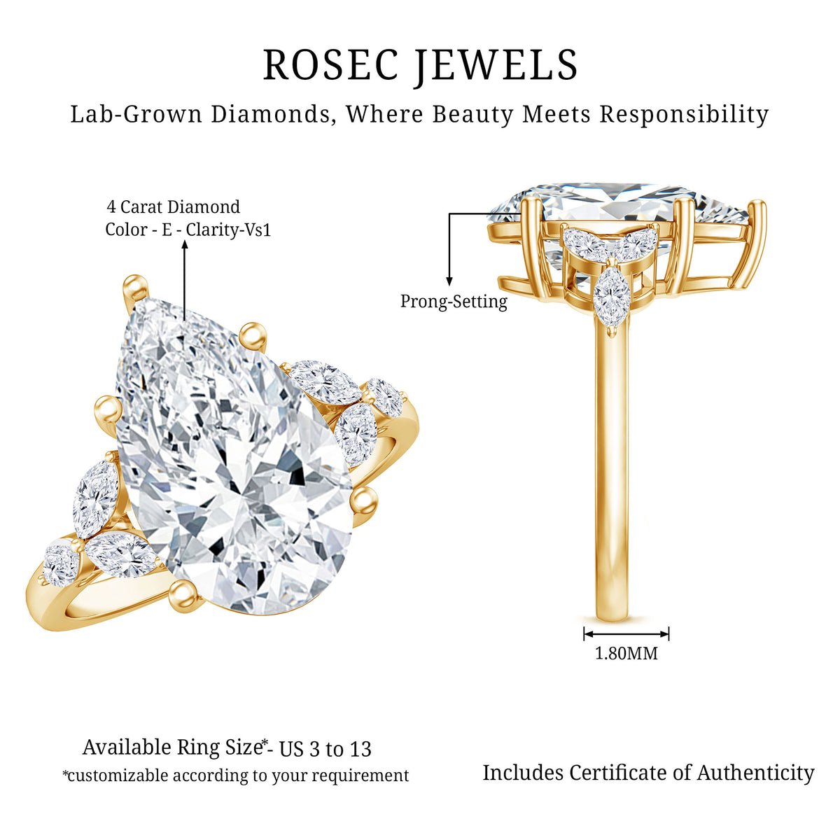 IGI Certified 4 Ct Lab Grown Diamond Large Statement Ring for Women Lab - ( E-VS1 ) - Rosec Jewels