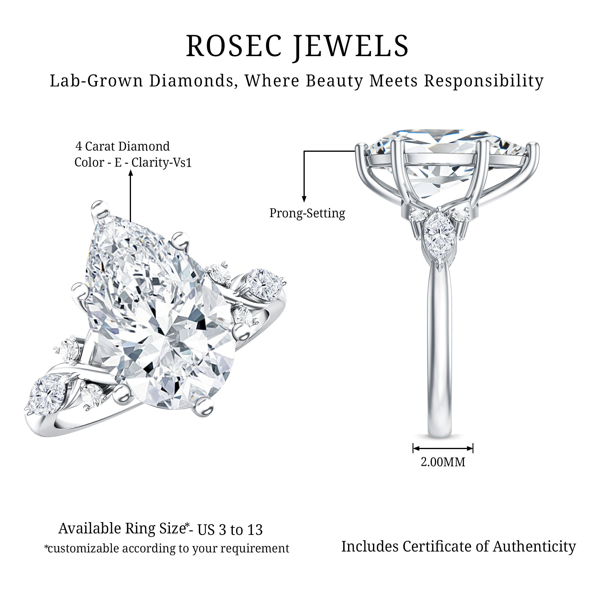 Rosec Jewels-4 Carat Pear Shape Lab Grown Diamond Statement Engagement Ring IGI Certified