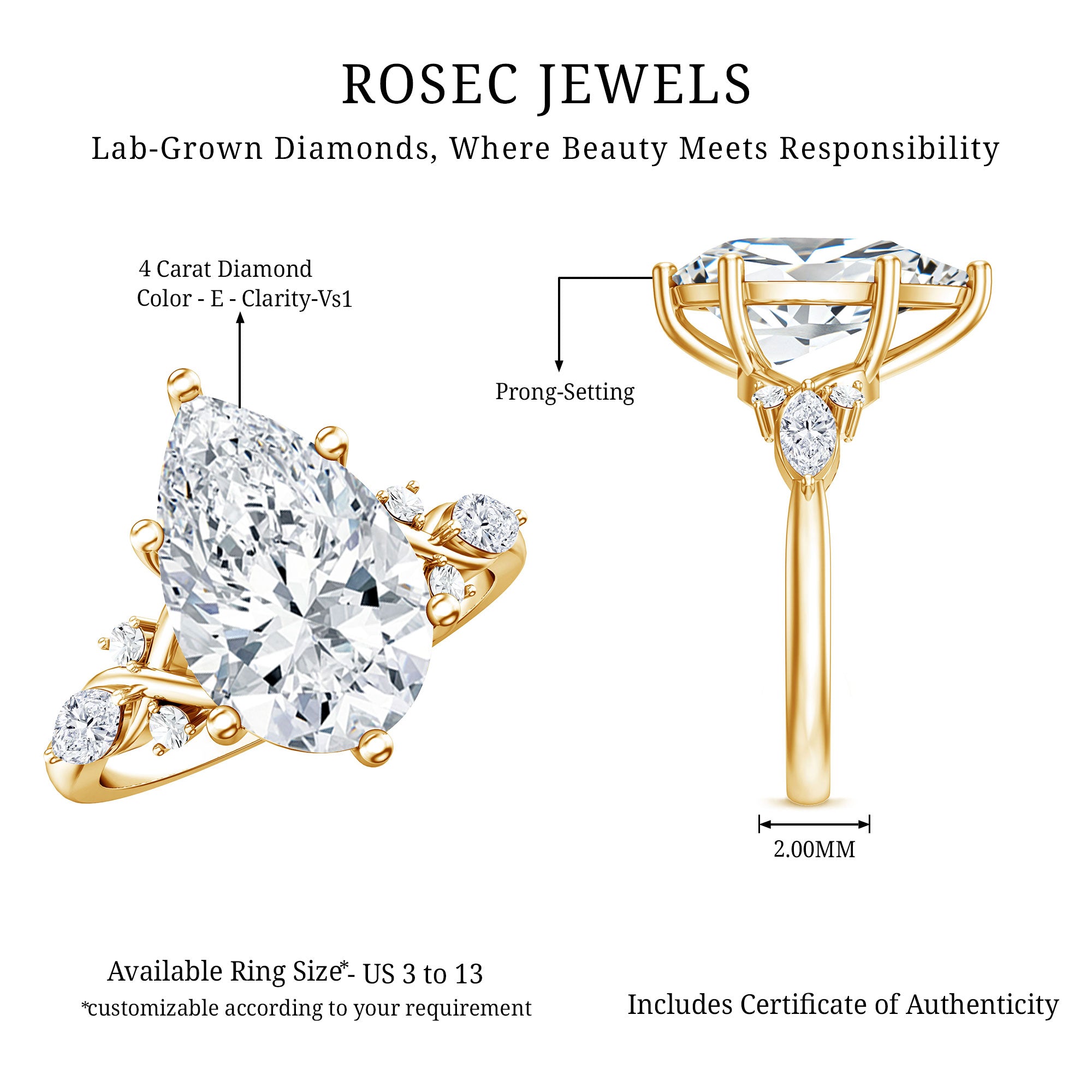 Rosec Jewels-4 Carat Pear Shape Lab Grown Diamond Statement Engagement Ring IGI Certified