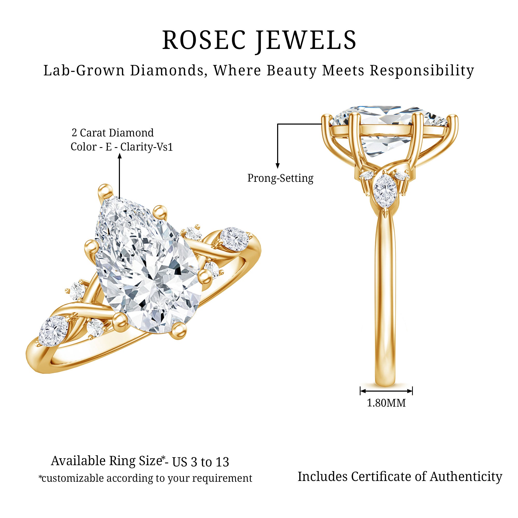 Rosec Jewels-2 Carat Pear Shape Lab Grown Diamond Designer Engagement Ring IGI Certified