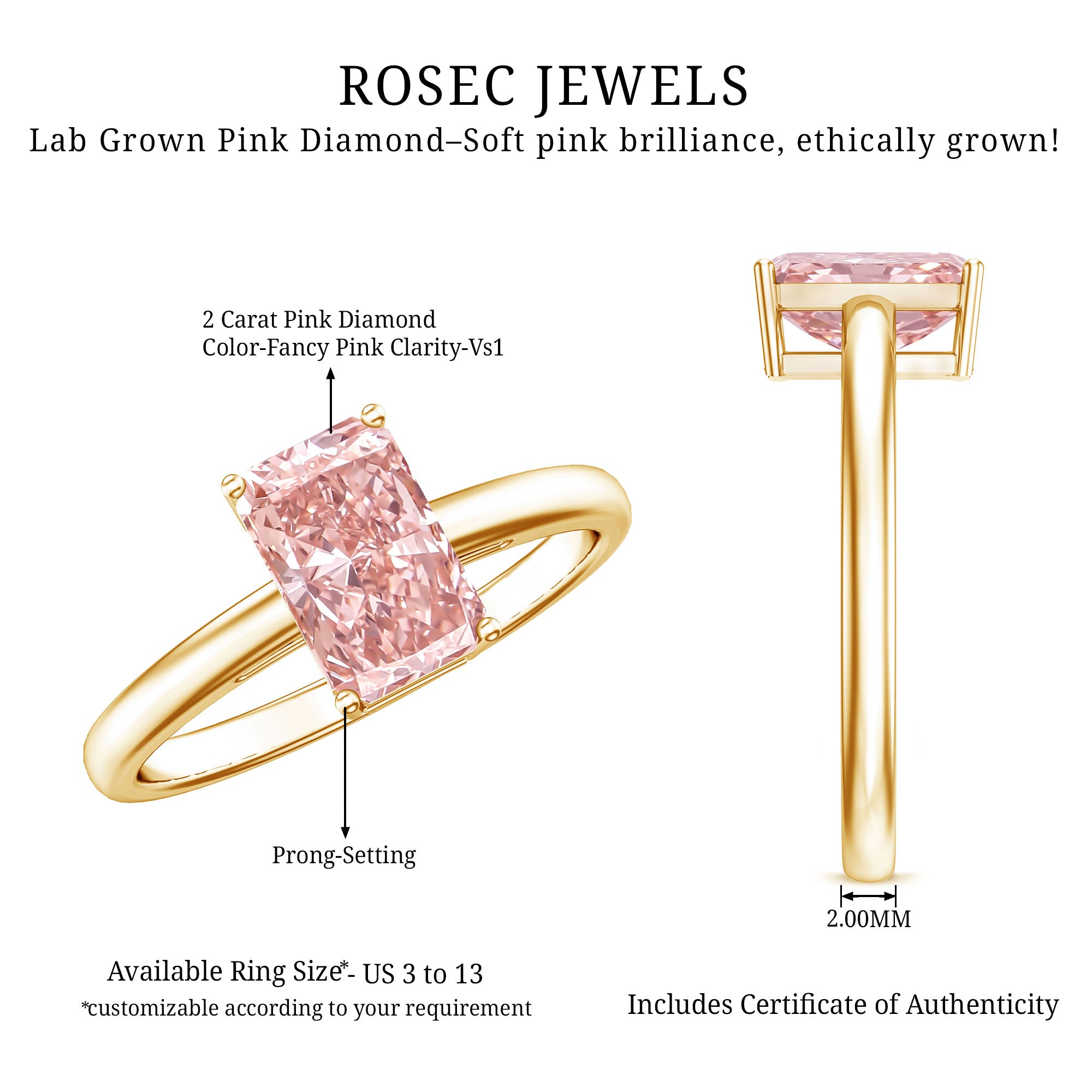 Rosec Jewels-Radiant Cut Lab Grown 2 Carat Pink Diamond Solitaire Engagement Ring IGI Certified